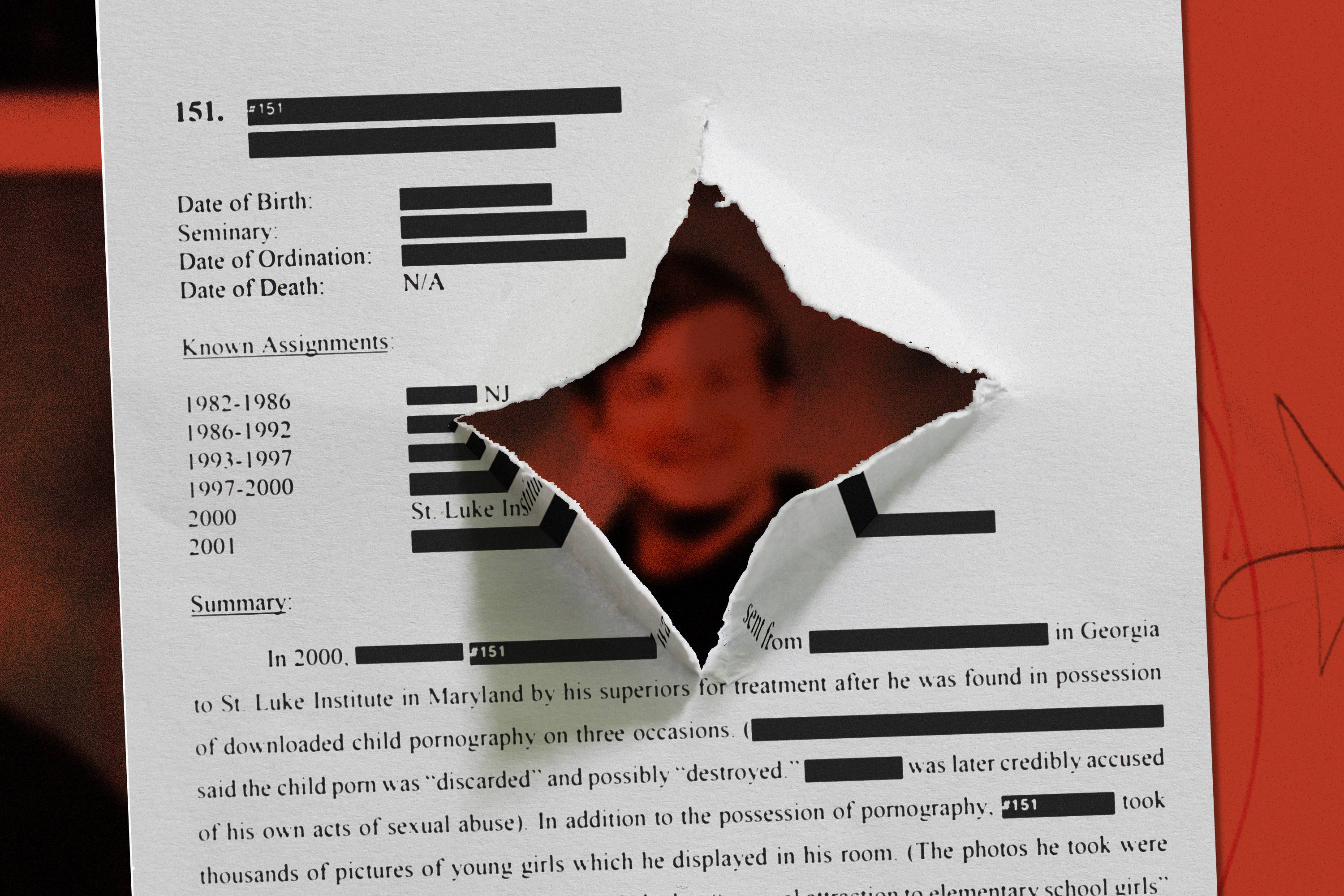 Photo collage showing printout with some text redacted with black boxes. It has a rip in the middle of the page, revealing fuzzy photograph of priest underneath on red background.