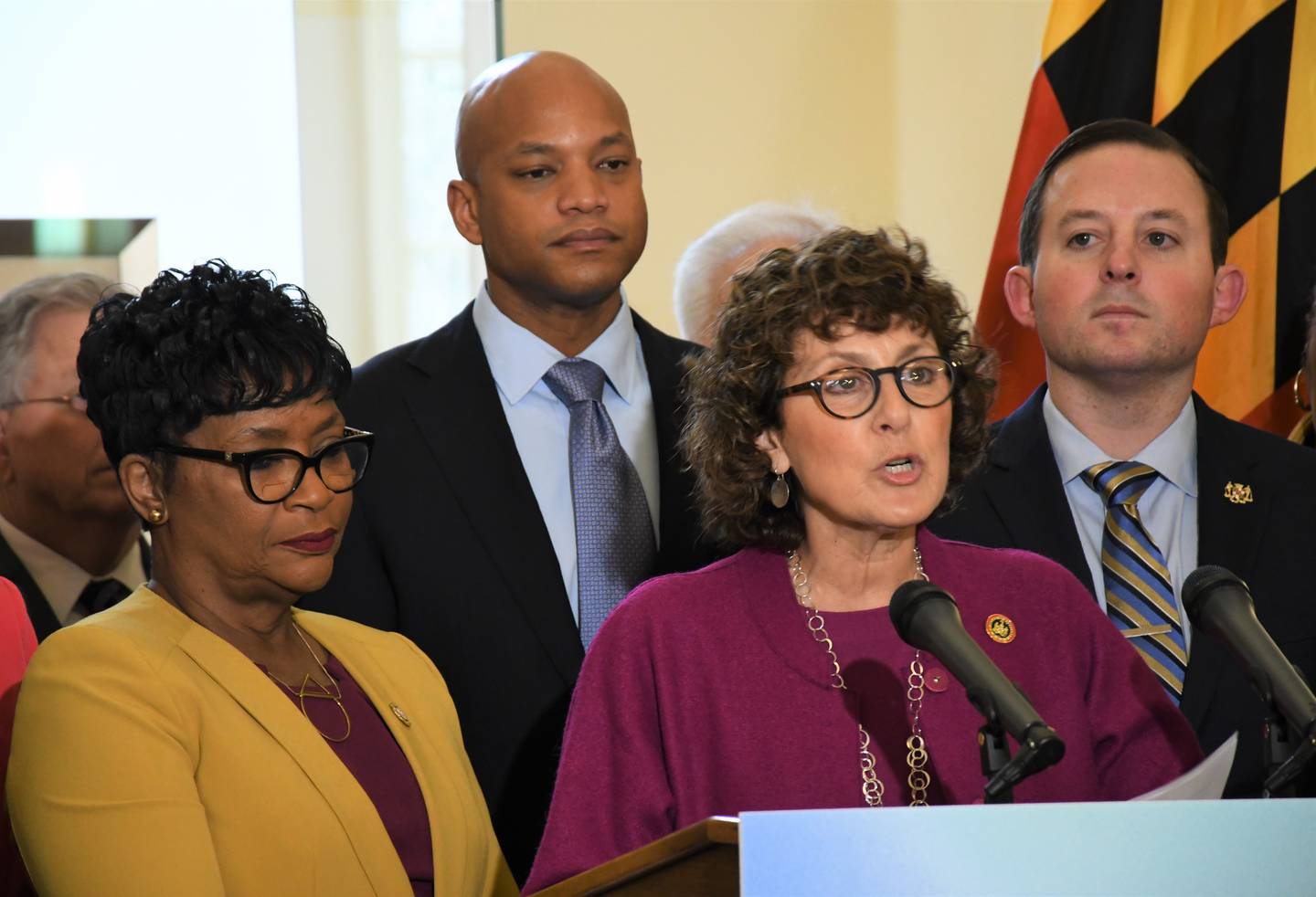 Sen. Shelly Hettleman talks about proposals to protect access to abortion during a press conference at the State House in Annapolis on Thursday, Feb. 9, 2023. She's joined by other leaders including House of Delegates Speaker Adrienne A. Jones, Gov. Wes Moore and Senate President Bill Ferguson.