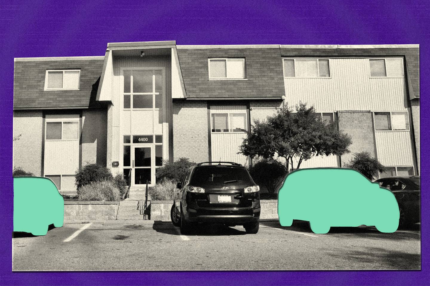 Photo illustration of apartment complex with cars parked in front against a dark purple background; two cars are removed from the image, showing teal color in the cut out areas.