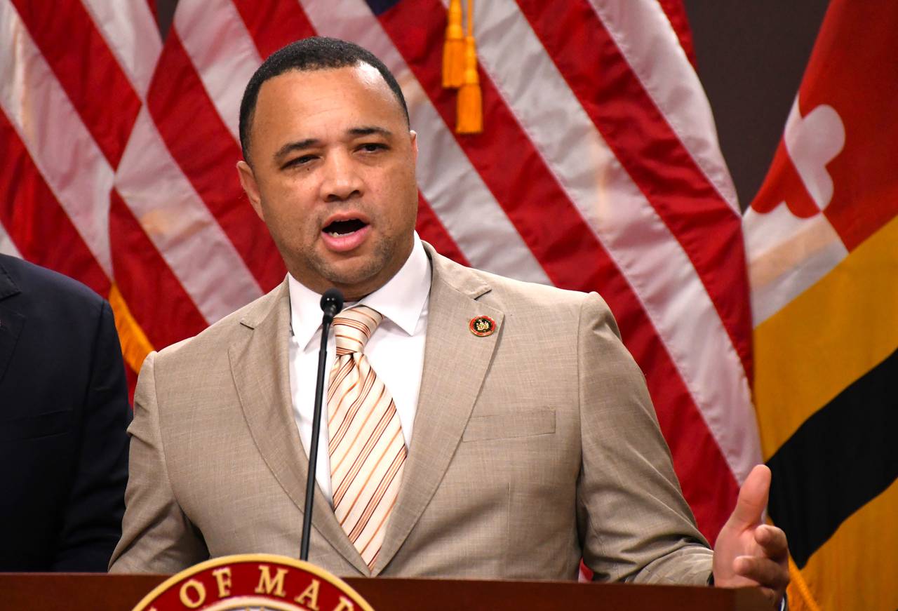 Maryland state Sen. Antonio Hayes, a Baltimore Democrat, discusses the Senate Executive Nominations Committee that he chairs during a press conference in Annapolis on Friday, Jan. 26, 2024.
