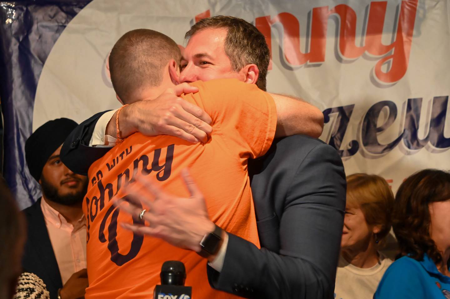 Johnny “O” Olszewski Jr. embraces his brother Jordan after winning re-election as Baltimore County Executive.