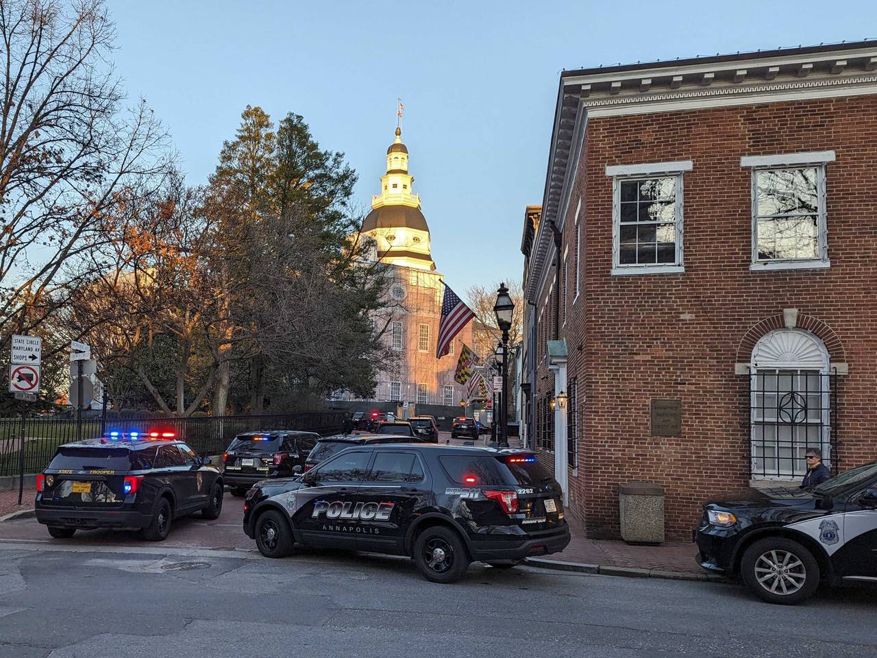 Maryland State Police and Capitol Police vehicles block access to State Circle in Annapolis during a security lockdown on Feb. 29, 2024.