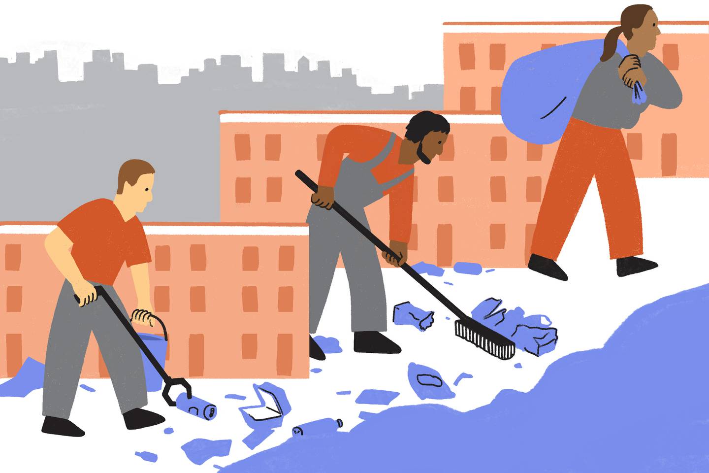 Illustration of three workers removing trash from street in front of townhomes, with cityscape in the background