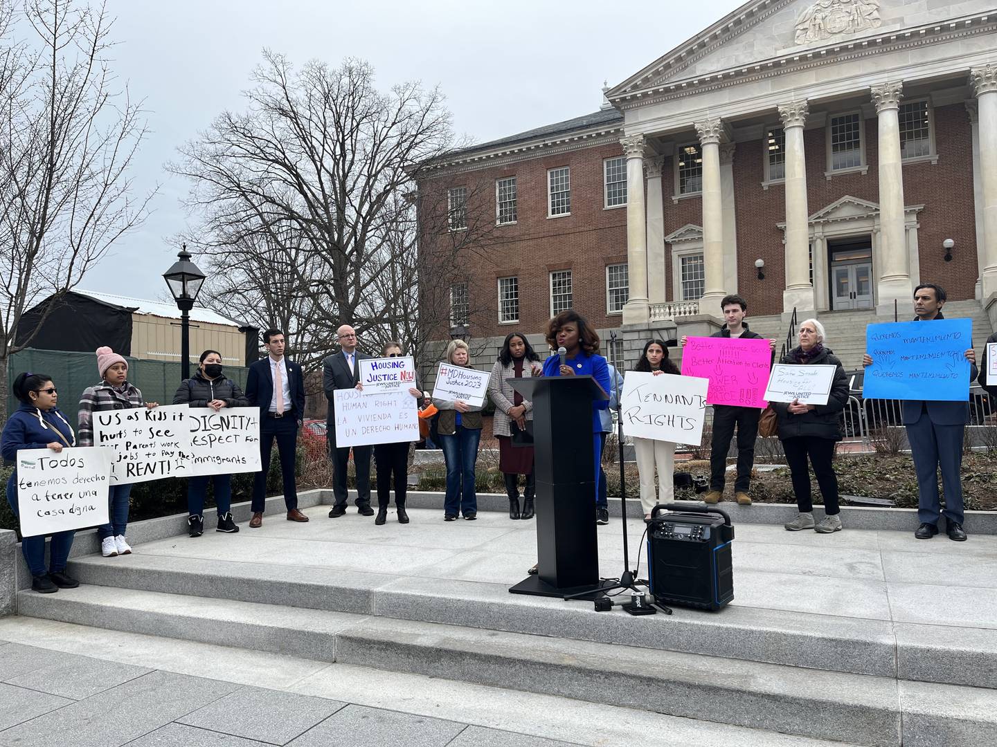 Tenants, advocates, and lawmakers gathered outside the State House Thursday to call on lawmakers to pass several policies that would protect tenants from eviction or poor living conditions
