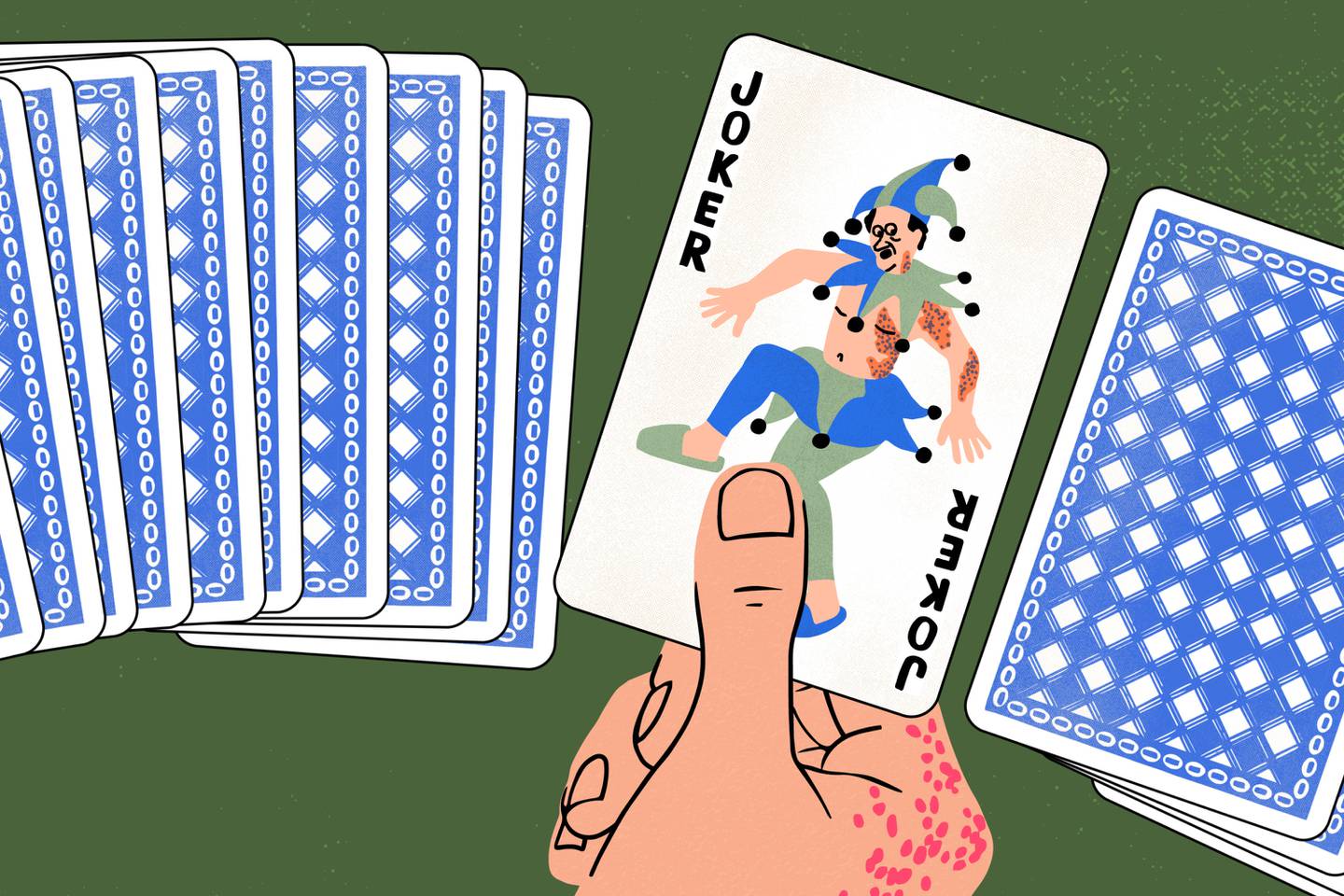 Illustration shows spread of playing cards on a dark green background. A hand holds a Joker card. The Joker isn’t wearing a shirt and has shingles pustules on his chest and left arm. Pustules grow on the hand holding the card.