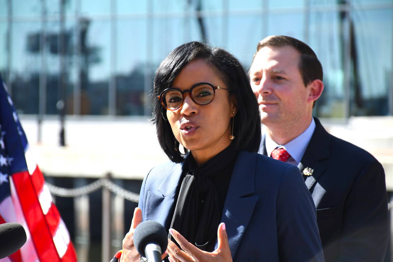 U.S. Senate candidate Angela Alsbrooks speaks at a news conference in Baltimore on Oct. 13, 2023 about being endorsed by Senate President Bill Ferguson, who is standing behind her. Alsobrooks is among multiple Democrats running for the seat in 2024 after U.S. Sen. Ben Cardin announced he would not run for re-election.