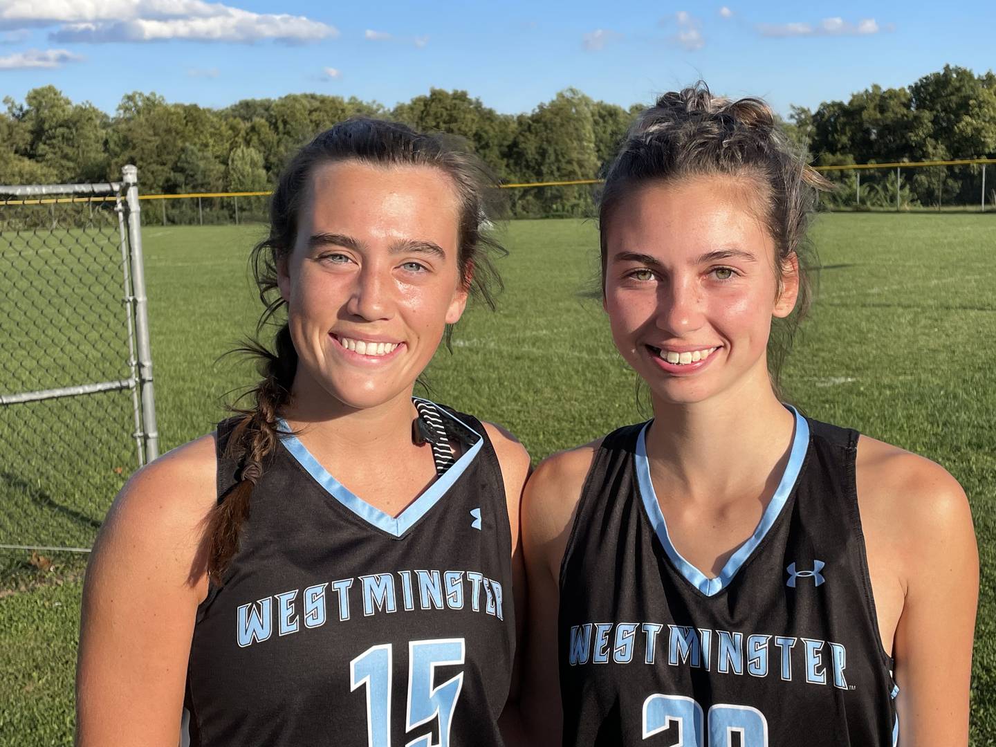 Westminster seniors Jess Kent (left) and Carmen Rutters were two of the catalysts behind the No. 12 Owls 3-2 overtime victory at No. 15 Manchester Valley in Carroll County field hockey action Tuesday afternoon. Rutters had two goals and an assist and scored the game-winning goal in overtime while Kent had an assist and kept the Mavericks' defense hopping with her speed.