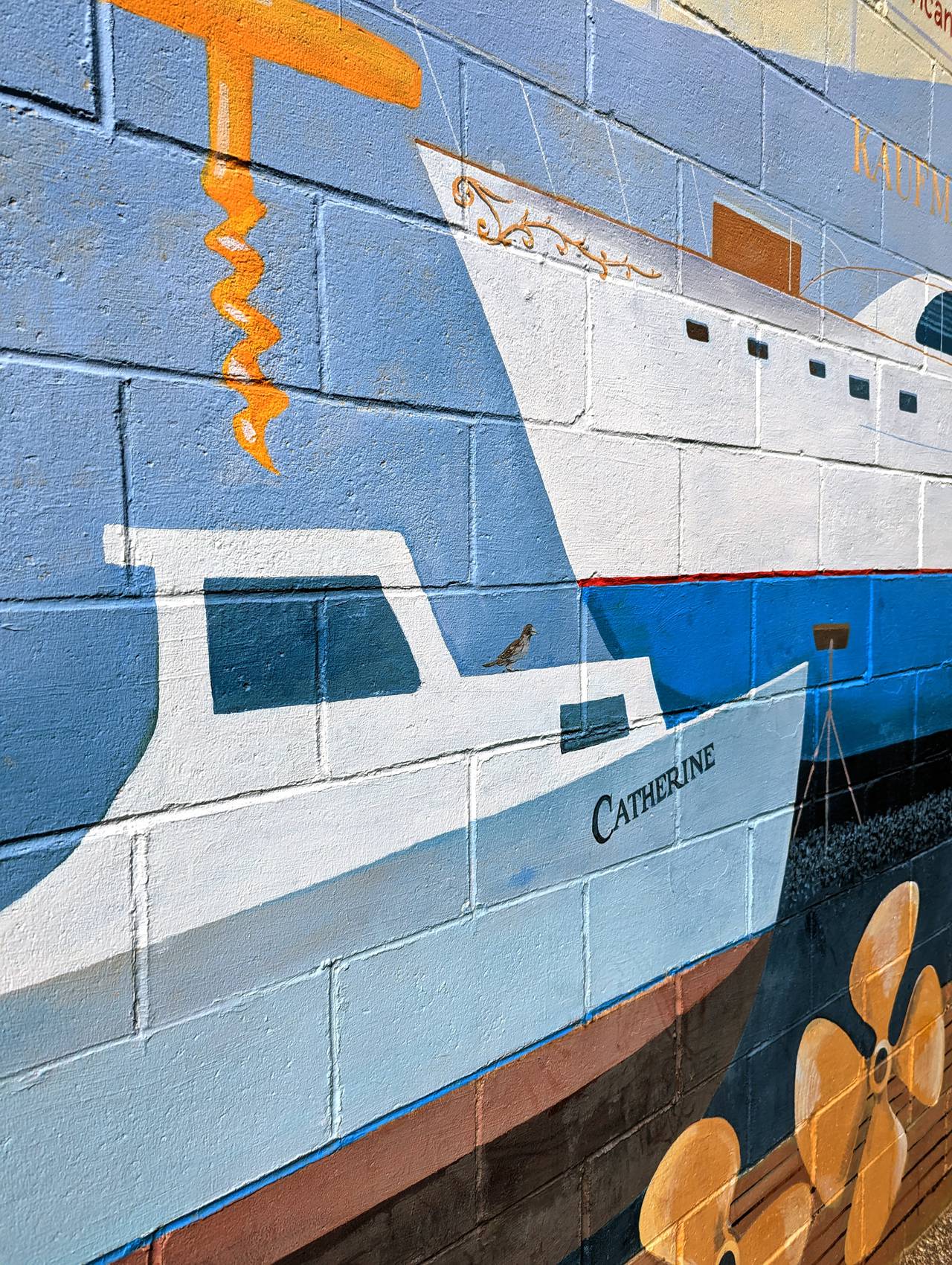 Cindy Fletcher Holden's 2019 mural on Second Street celebrated the 150th anniversary of Eastport, and evoked an early neighborhood mural destroyed when the wall where it was painted fell down.