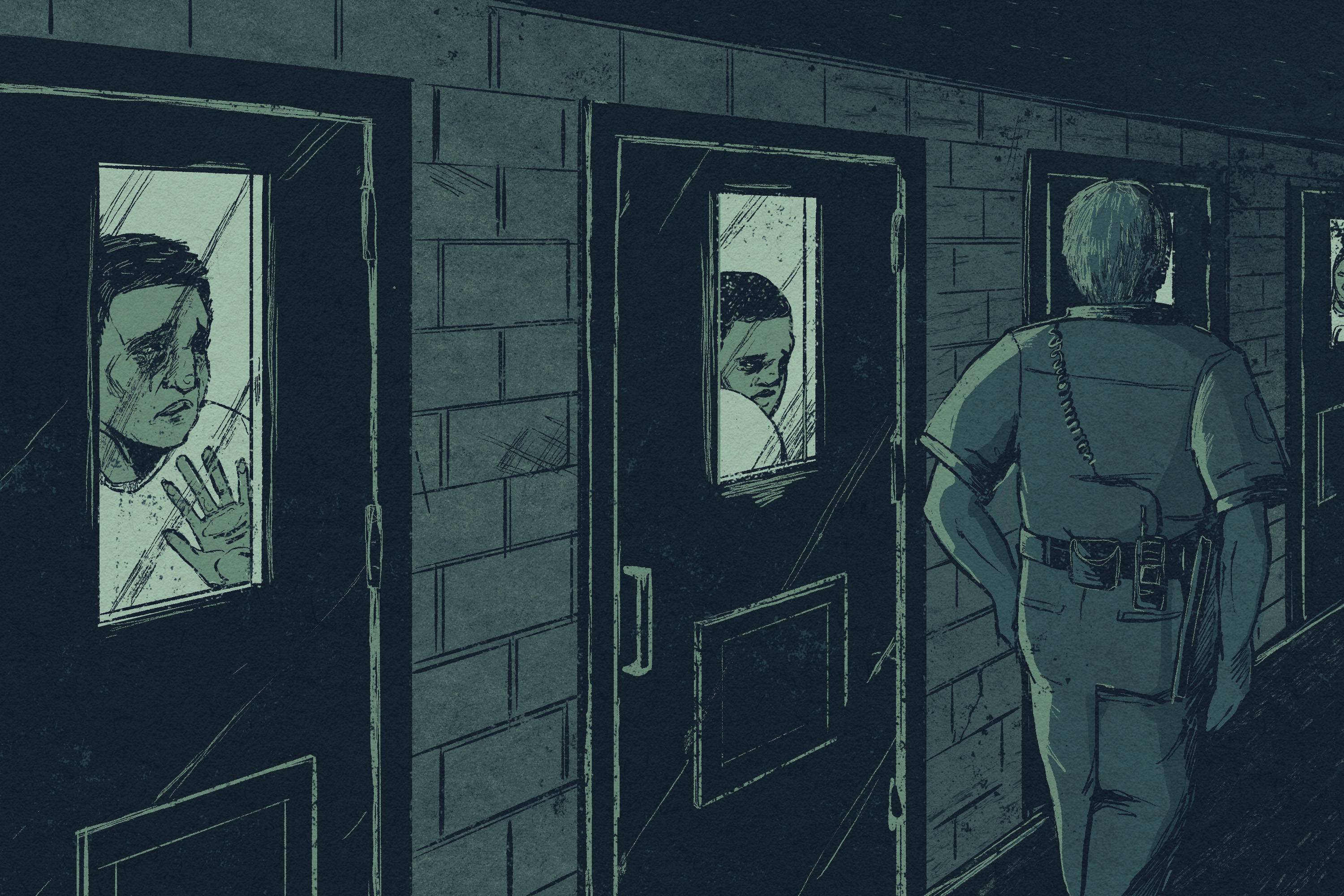 Illustration shows hallway of detention facility with detention center staff walking away toward the right, back to us. There are two cell doors with narrow windows in the foreground left and middle, with upset men standing looking through the windows.