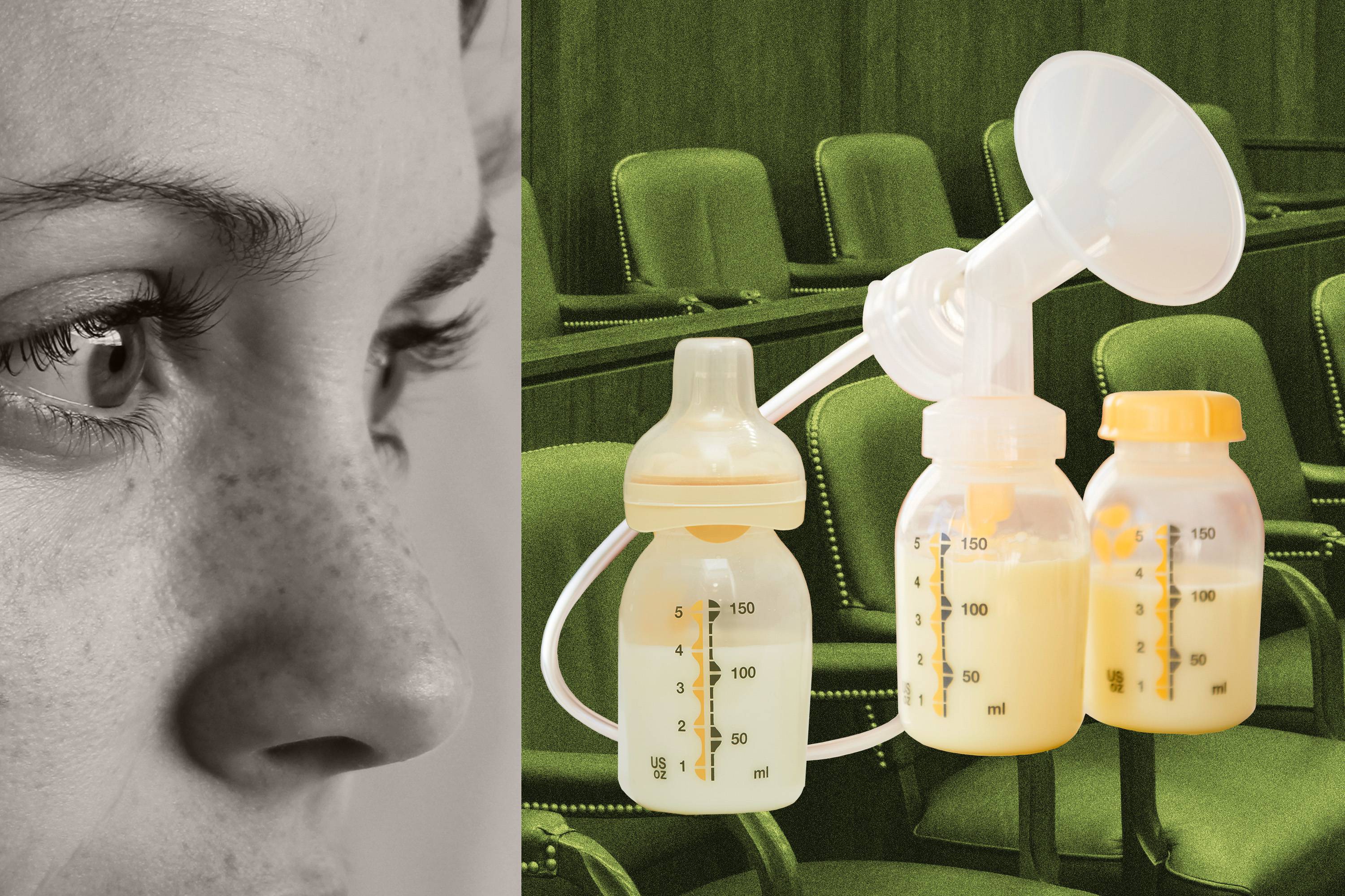 Photo collage shows close up of woman’s face in profile, her eyes look right. On right side of collage are a breast pump and baby bottle with a jury box seats in the background.