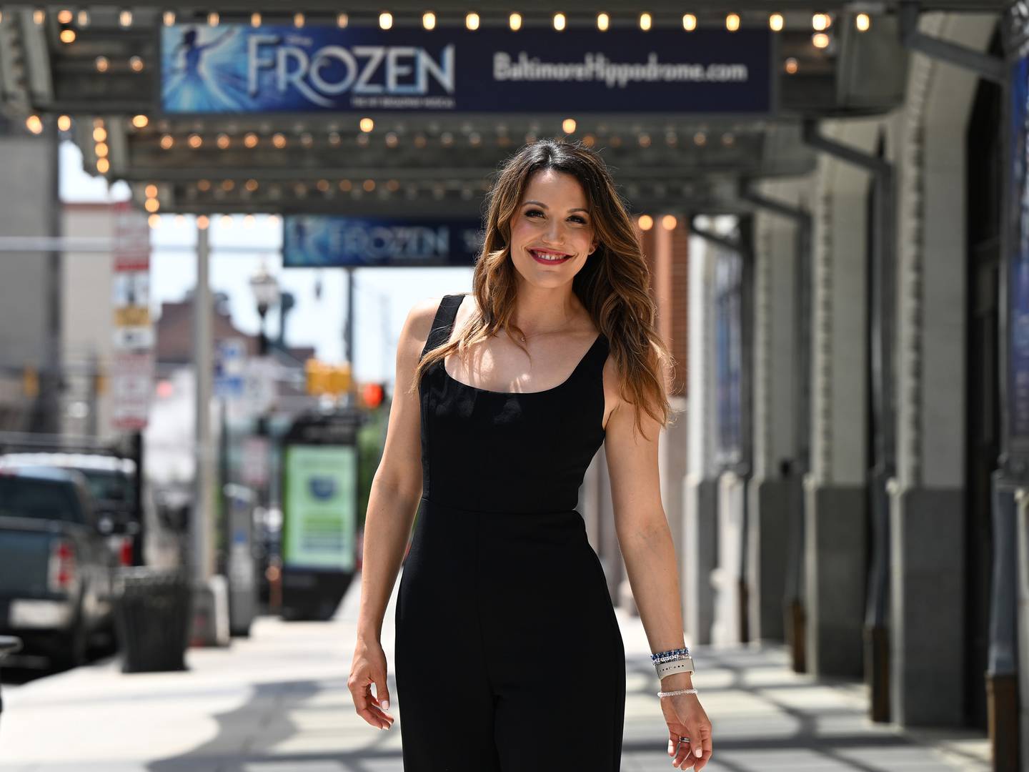 Caroline Bowman is photographed in front of the Hippodrome theater Tuesday, May 16, 2023 in Baltimore. Bowman stars in the Hippodrome’s “Frozen” which begins in June.