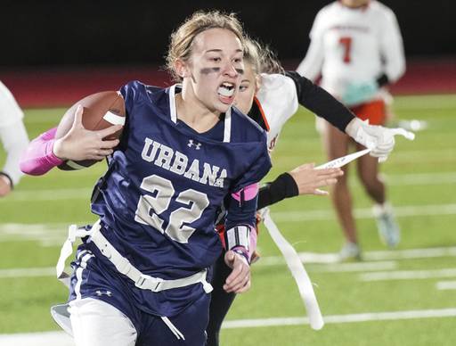 Urbana’s Ava Duerr (22) takes the ball down the field while playing against Middletown during the Girls flag Championship at the Under Armour’s “The Stadium at the House” in Baltimore, Wednesday.