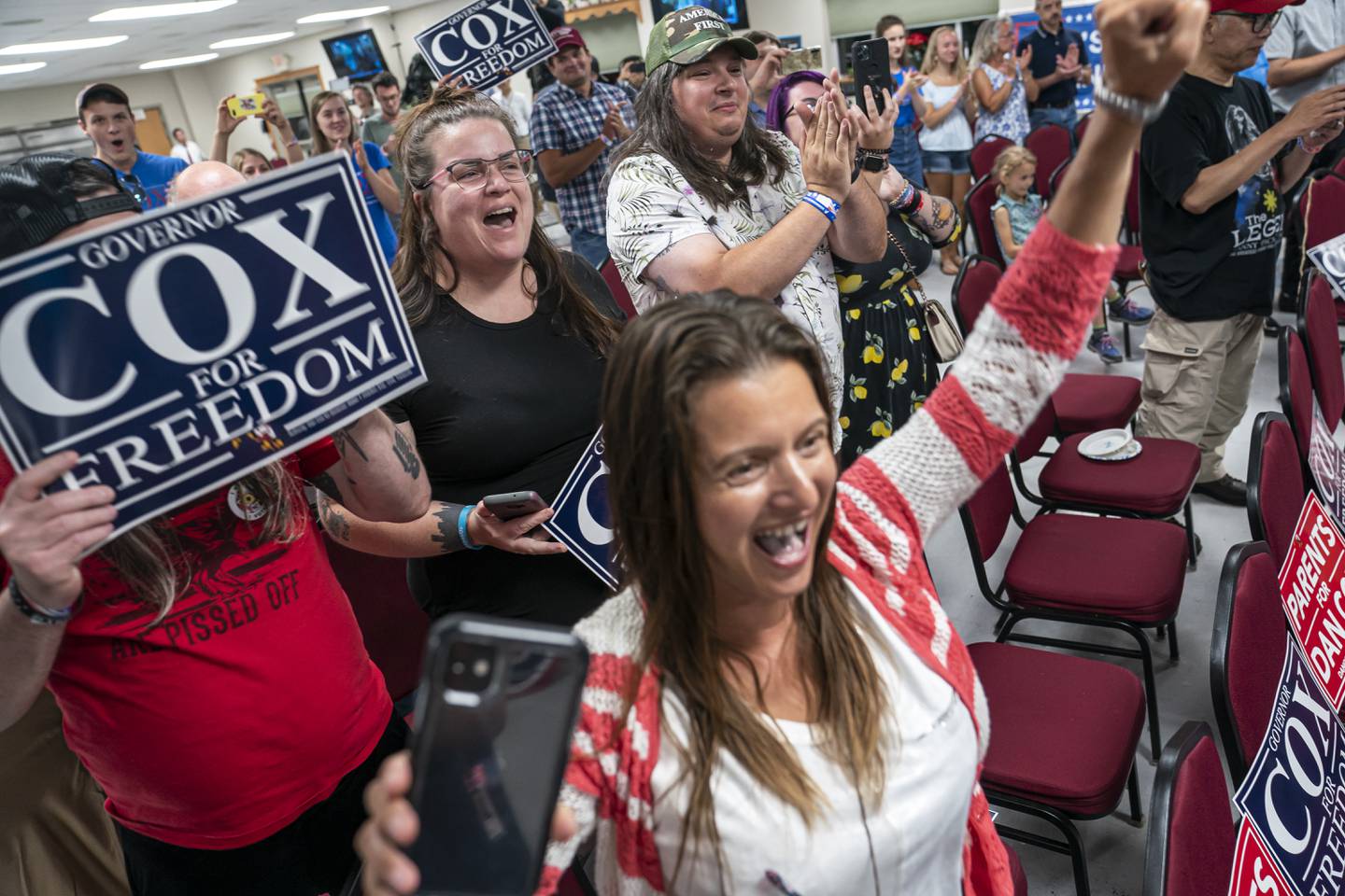 Supporters celebrate as Dan Cox, a candidate for the Republican gubernatorial nomination, announces his primary win on July 19, 2022 in Emmitsburg, Maryland. Voters will choose candidates during the primary for governor and seats in the House of Representatives in the upcoming November election.