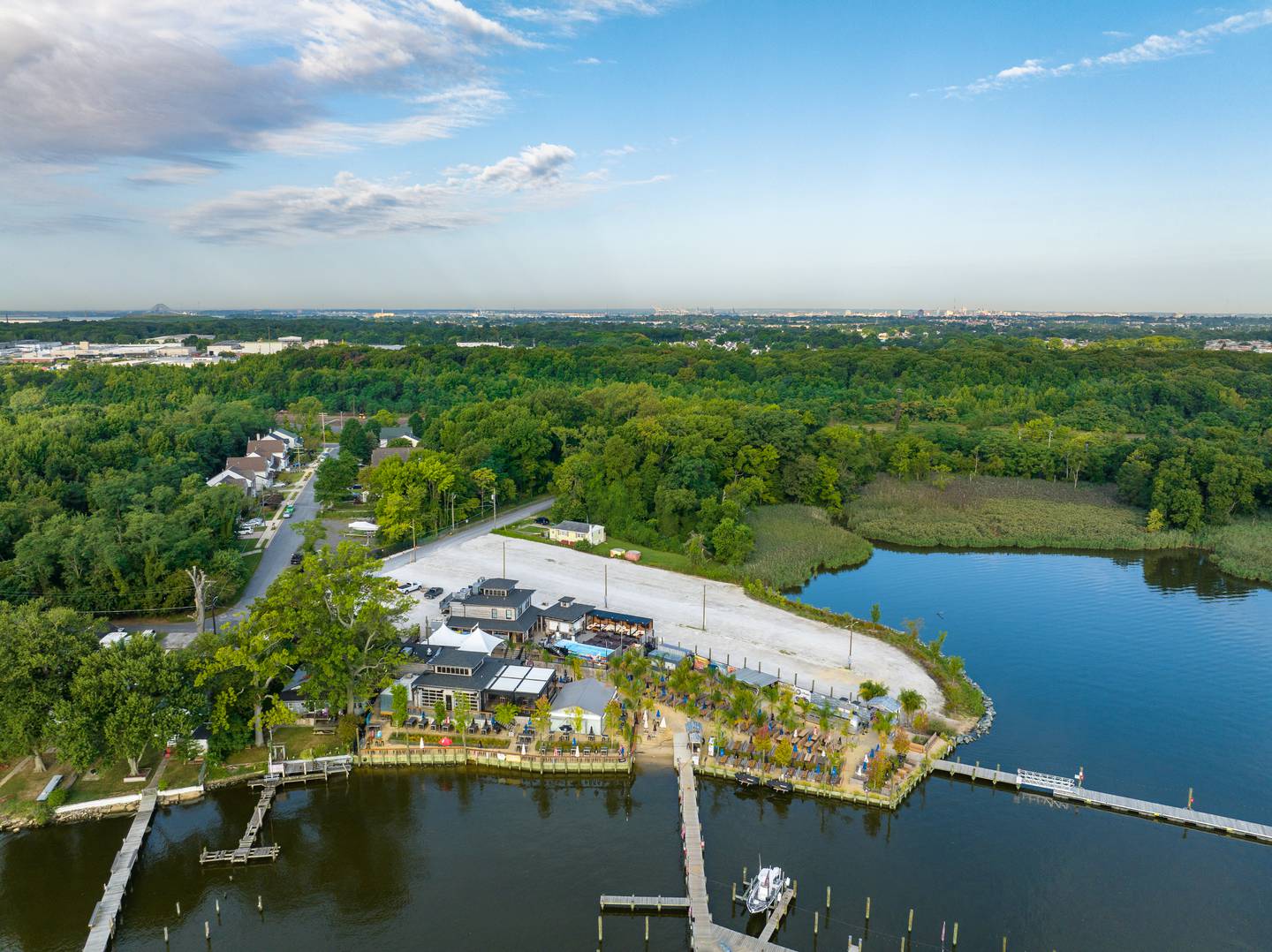 An aerial image shows Tiki Lee's, a bar and restaurant situated on the Back River in Sparrows Point, Maryland.
