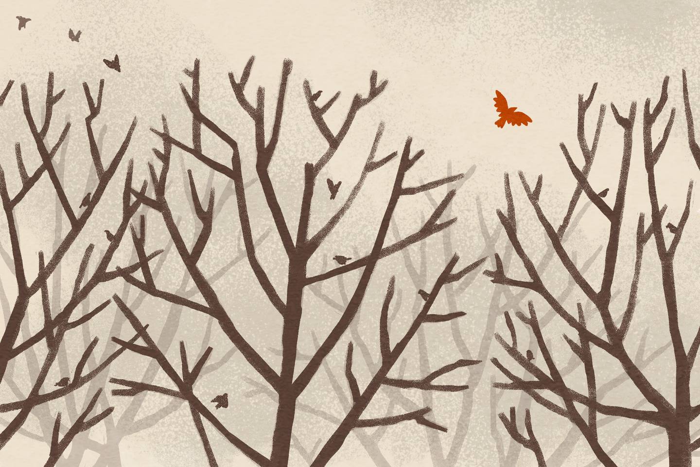 Illustration of one red bird taking flight from leafless trees full of brown sparrows