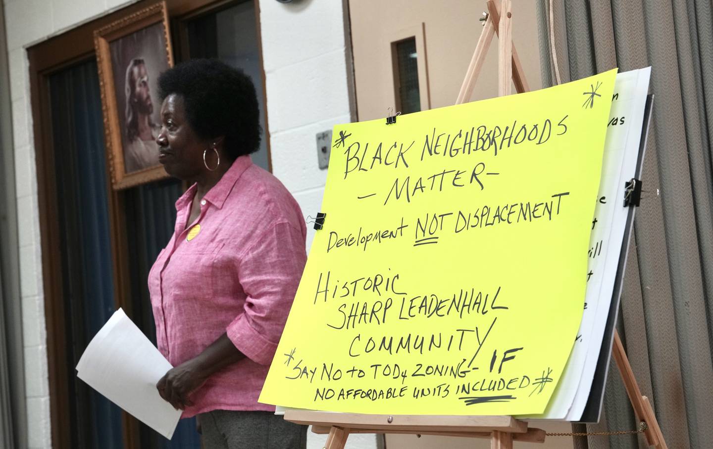 Betty Bland-Thomas speaks at the community meeting and protest, held by residents of Sharp-Leadenhall, a historic and predominantly Black neighborhood in South Baltimore, ahead of the Baltimore City Council hearing on bill 22-0295 on June 12, 2023.