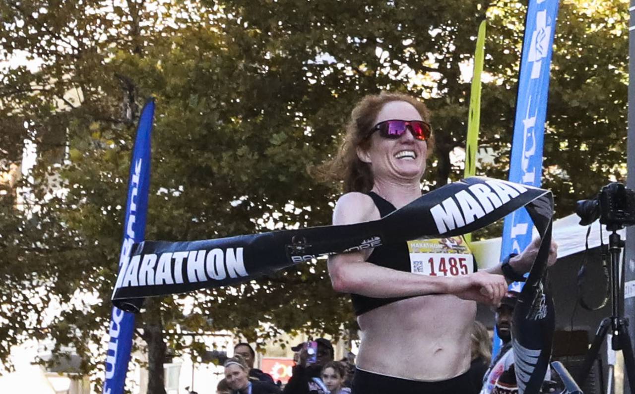 Robert Creese, 29, of Mount Airy, MD and Julia Roman-Duval, 40, of Columbia, MD won the men and women’s divisions of the Baltimore Marathon with Creese finishing in 2 hours, 26 minutes and 46 seconds and Roman-Duval finishing in 2 hours, 46 minutes and 39 seconds.