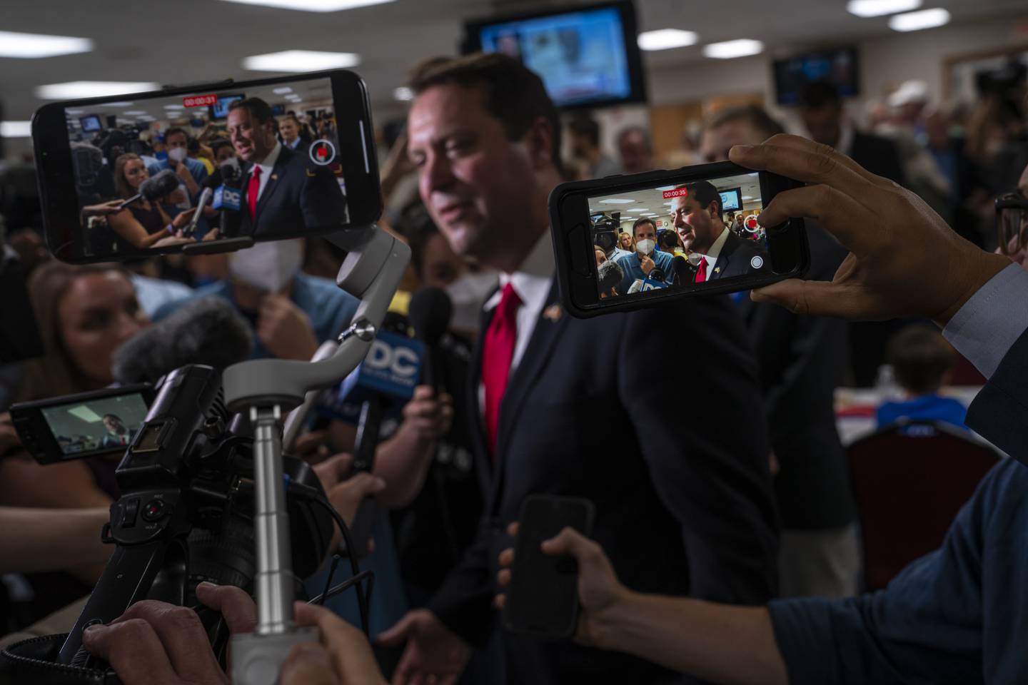 Dan Cox, a candidate for the Republican gubernatorial nomination, speaks with reporters during a primary election night event on July 19, 2022 in Emmitsburg, Maryland. Voters will choose candidates during the primary for governor and seats in the House of Representatives in the upcoming November election.