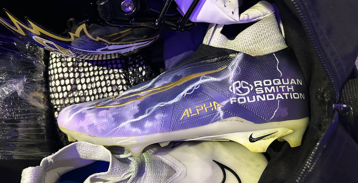 Roquan Smith’s customized shoes for My Cause My Cleats are packed into his bag to head to M&T Bank Stadium for the Ravens’ game against the Los Angeles Rams on Sunday, Dec. 10, 2023. Smith chose to represent his own foundation, the Roquan Smith Foundation, which aims to “strengthen families by providing programs and services focused on parenting, vocational training, behavioral health and financial literacy,” according to the Ravens' website.