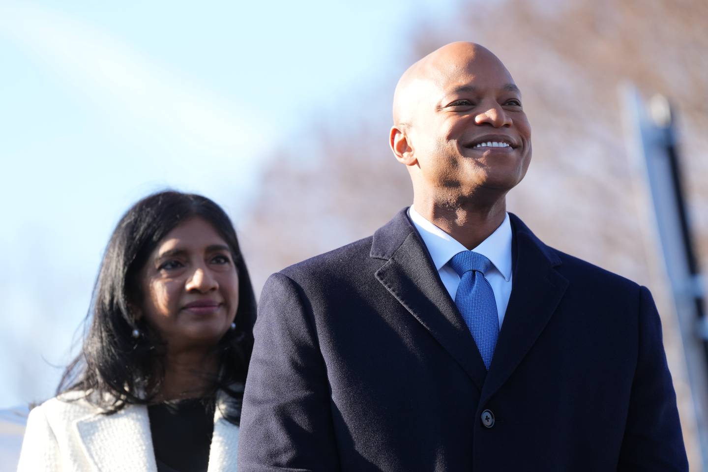 Wes Moore and Aruna Miller arrive at the Kunta Kinte-Alex Haley Memorial to lay a wreath and say a prayer before the governor-elect is sworn in as the first African American governor of the state of Maryland.