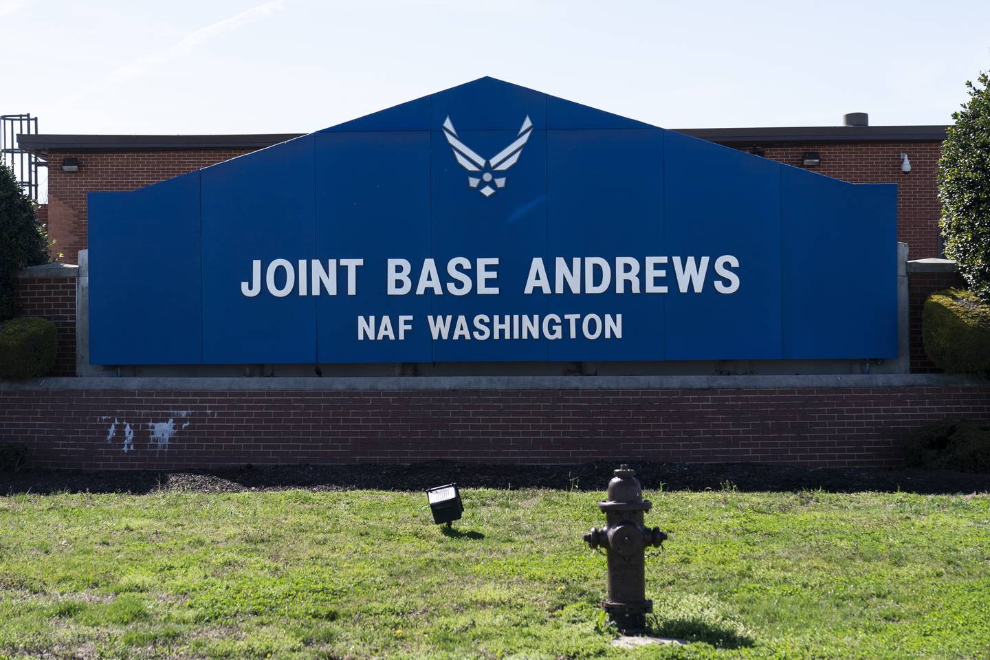 FILE - The sign for Joint Base Andrews is seen on March 26, 2021, at Andrews Air Force Base, Md. Joint Base Andrews has been locked down for reports of a man carrying an “assault-style” rifle on Thursday, March 30, 2023, authorities said.