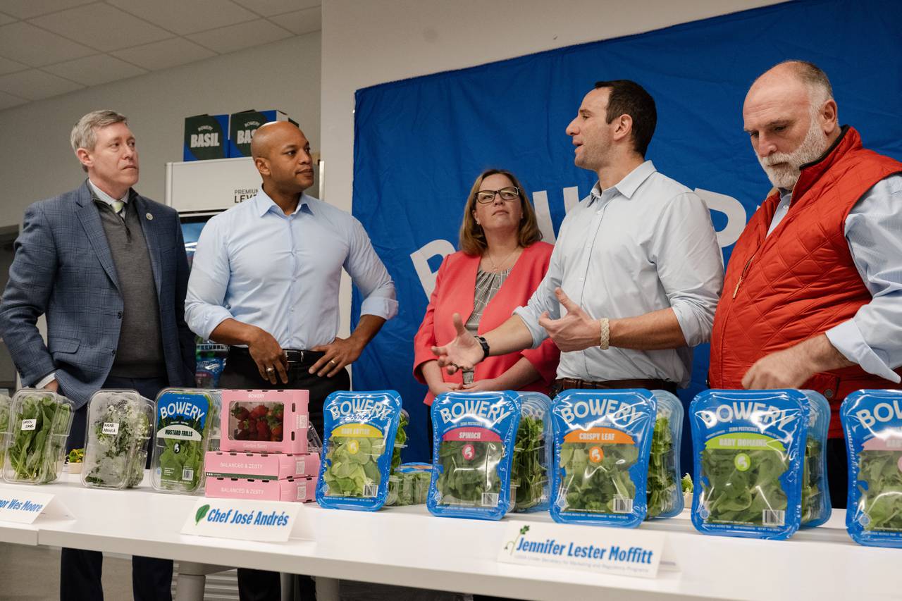 Gov. Wes Moore and chef Jose Andres congratulated Bowery Farming, the largest vertical farming company in the country, on Wednesday, March 6, 2024, for four years of production in Nottingham.