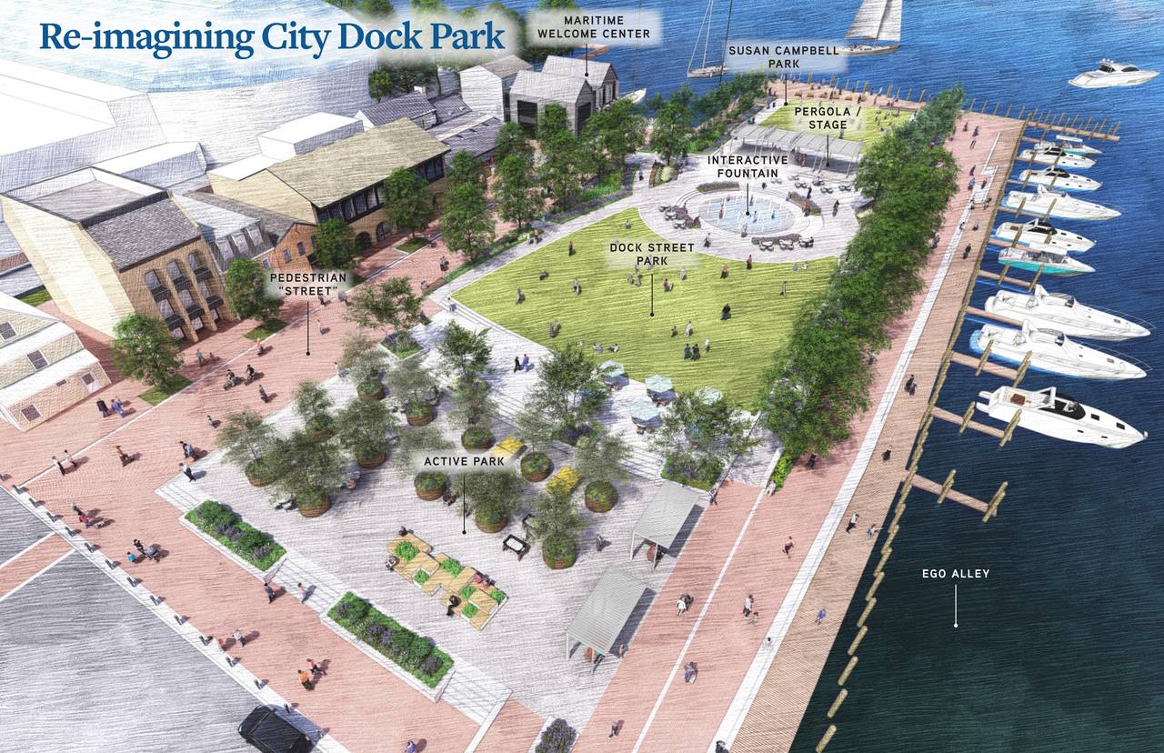 A mockup of the redesigned Annapolis City Dock shows a new welcome center, green space and an interactive fountain. The re-imagined City Dock Park is a part of the City Dock master plan, which will address flooding and preserve historic infrastructure downtown.