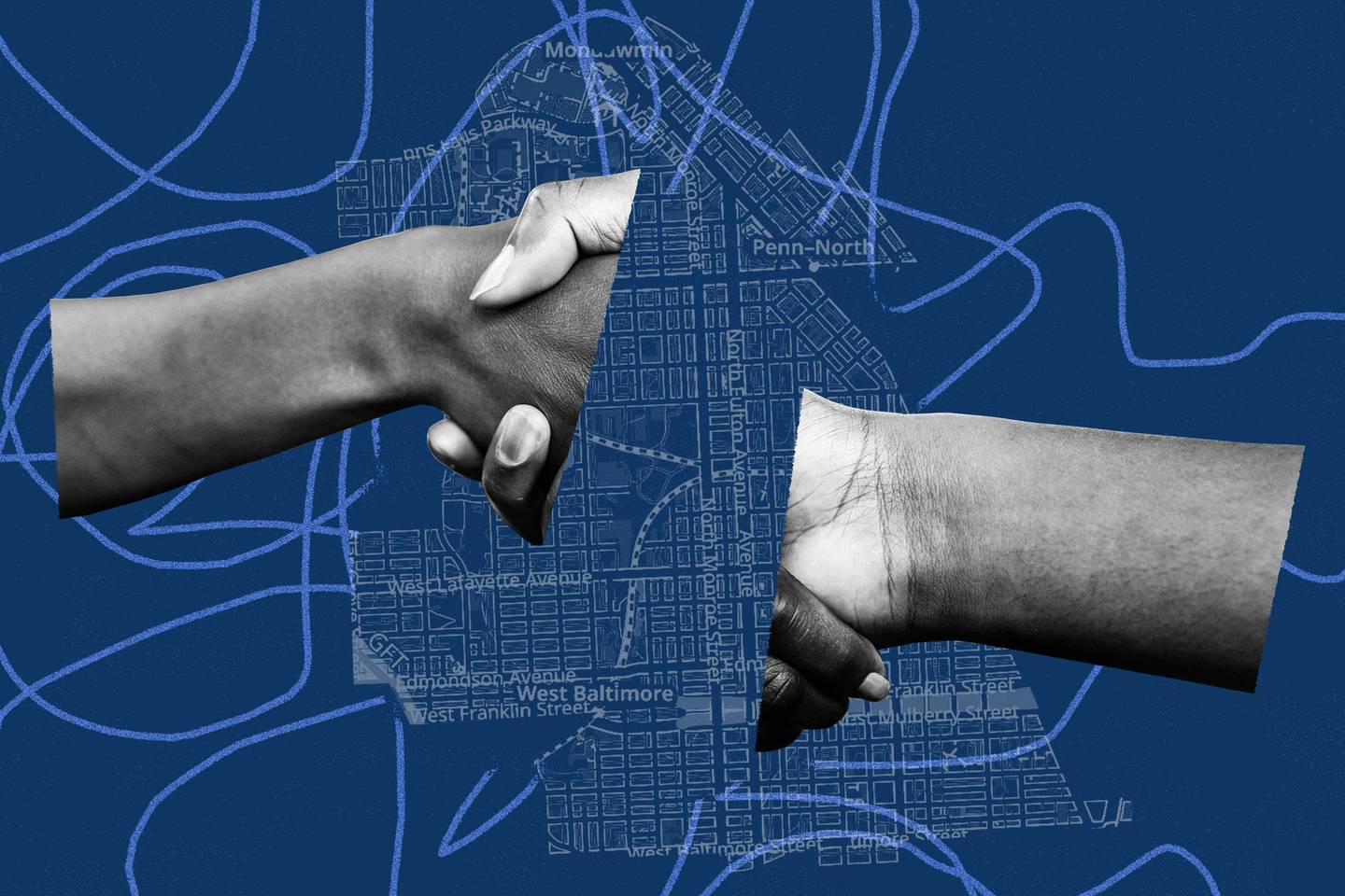 Photo collage of broken handshake between two women with map of Baltimore’s Western Police District in background.