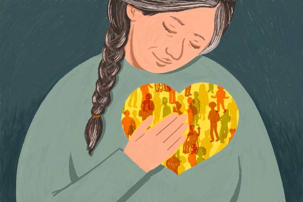 Illustration of woman with braided hair, eyes closed, resting hand over heart full of many different students.
