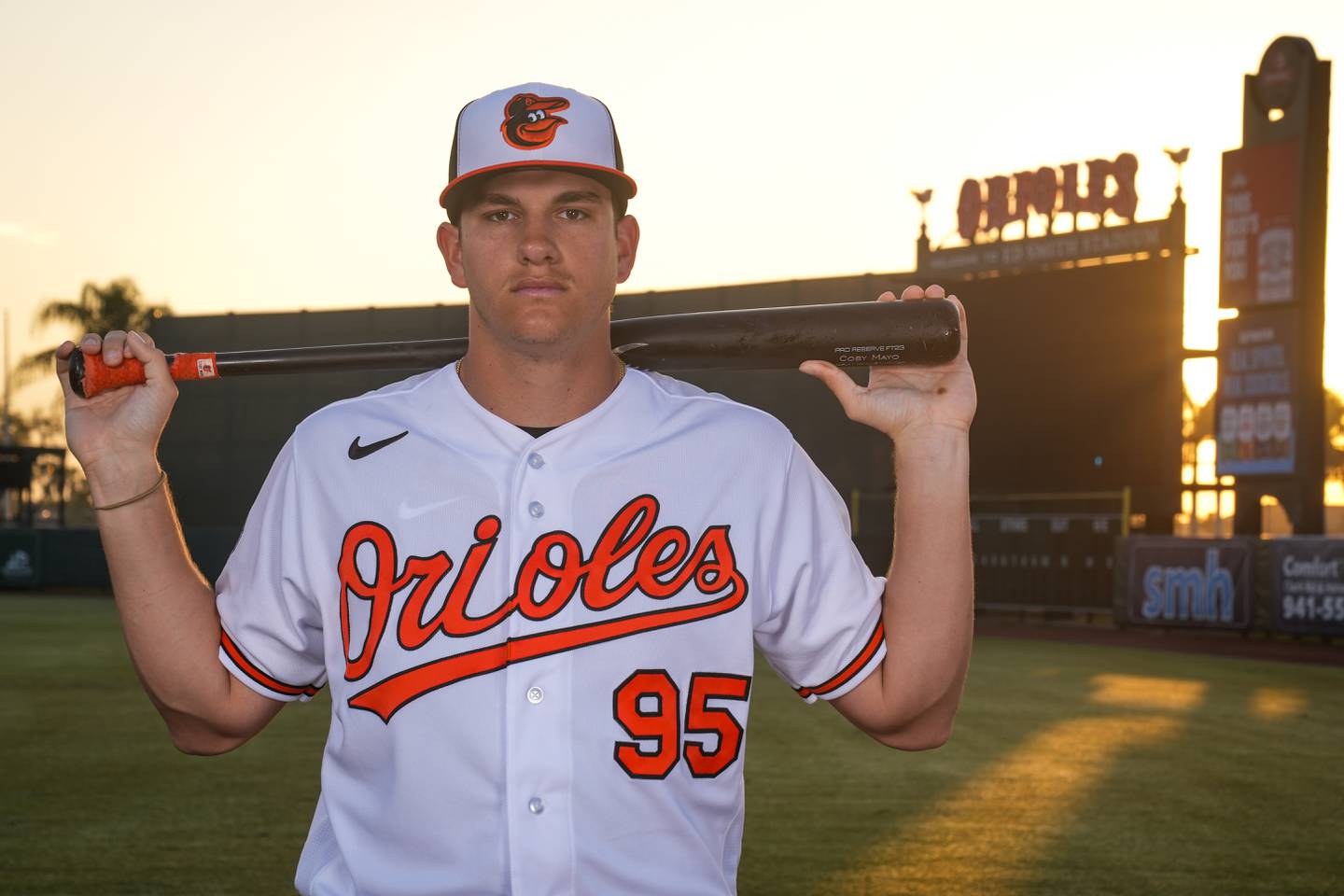 Coby Mayo (95) poses for a portrait during Photo Day at Ed Smith Stadium in Sarasota on 2/23/23. The Baltimore Orioles’ Spring Training session runs from mid-February through the end of March.