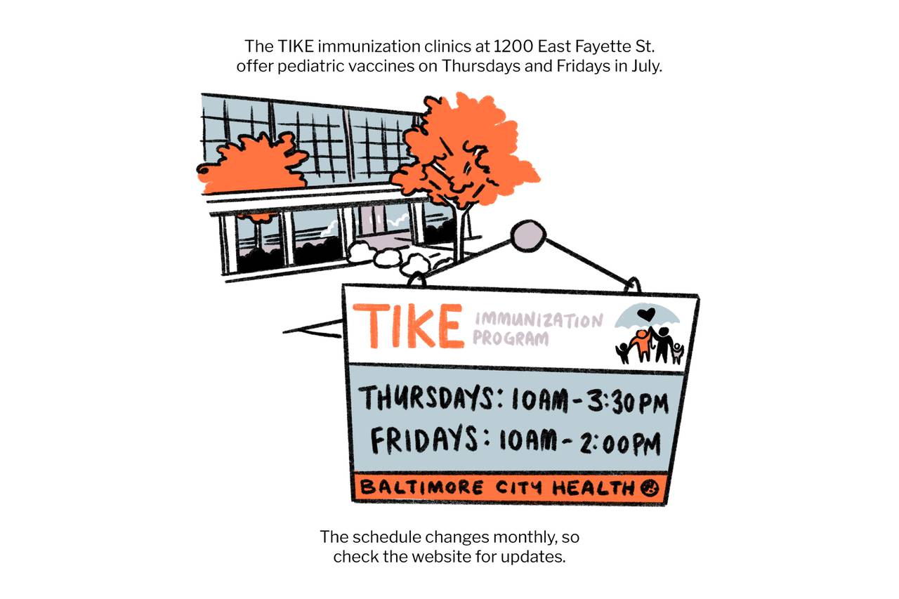 The TIKE immunization clinic at 1200 E Fayette St offers pediatric vaccines on Thursdays and Fridays in July. The schedule changes monthly.