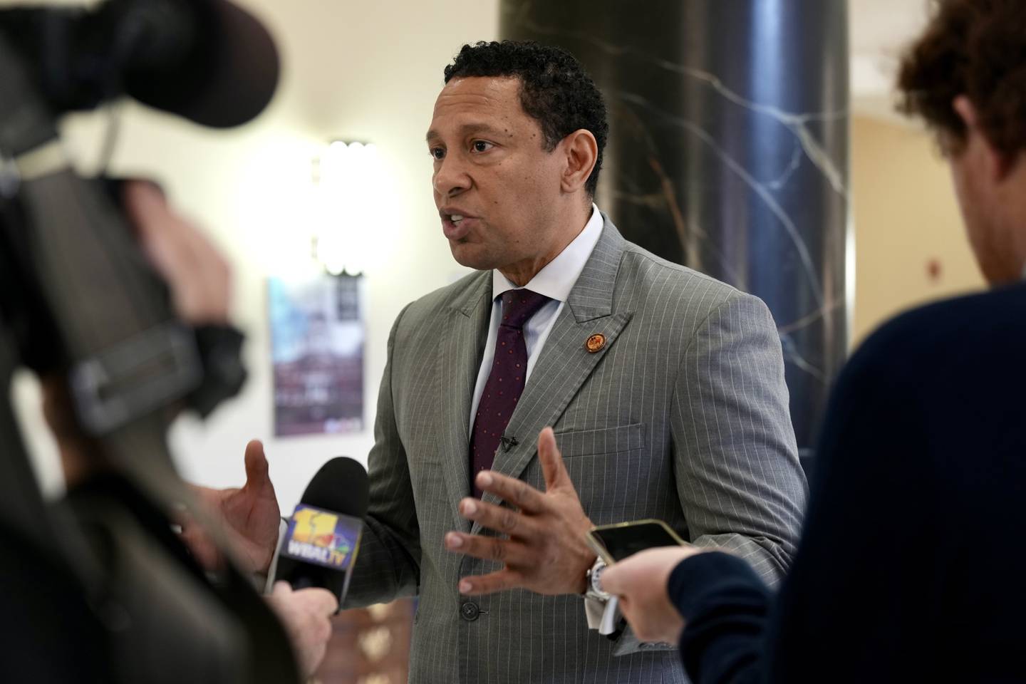Baltimore City State’s Attorney Ivan Bates speaks to reporters ahead of the hearing of Bill HB481 in Annapolis on February 15, 2023.