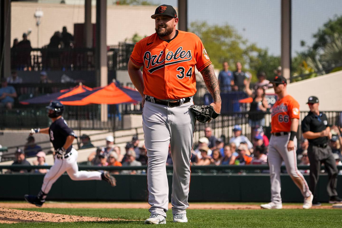 Joey Krehbiel (34) reacts to allowing multiple runs at Publix Field at Joker Marchant Stadium during the fifth inning of a game against the Detroit Tigers on 3/2/23. The Baltimore Orioles traveled to Lakeland to play the Tigers in the Florida Grapefruit League.