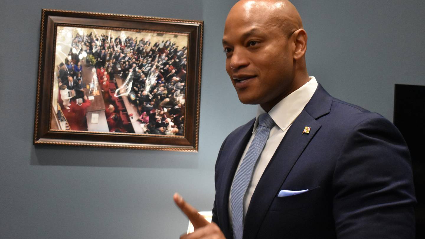 Gov. Wes Moore talks to CNS reporters in his office on April 24, 2024.