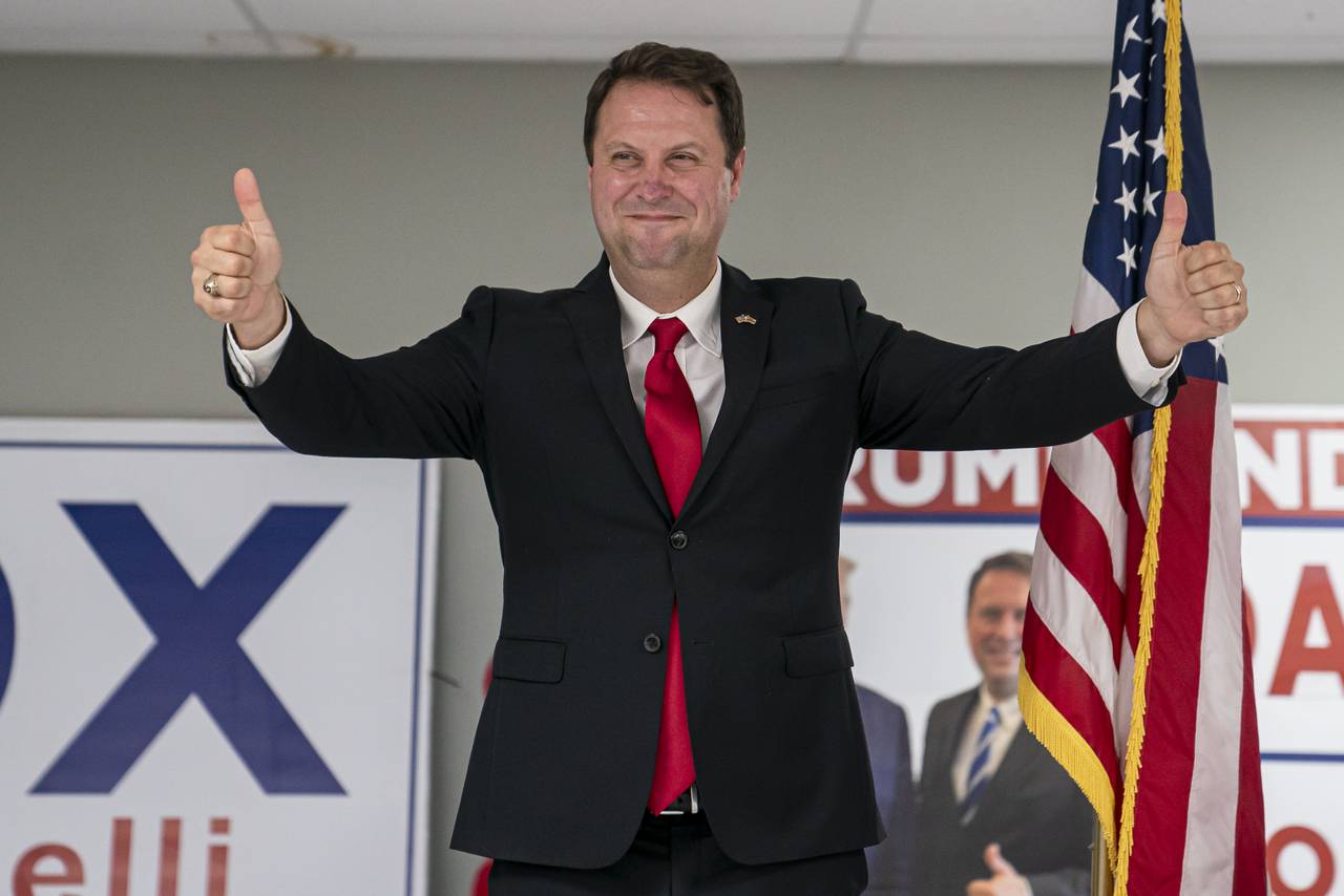 Dan Cox, a candidate for the Republican gubernatorial nomination, reacts to his primary win on July 19, 2022 in Emmitsburg, Maryland. Voters will choose candidates during the primary for governor and seats in the House of Representatives in the upcoming November election.