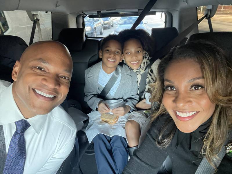 Gov.-elect Wes Moore, his wife, Dawn, and their children, Mia and James as they prepare to tour the governor's mansion.