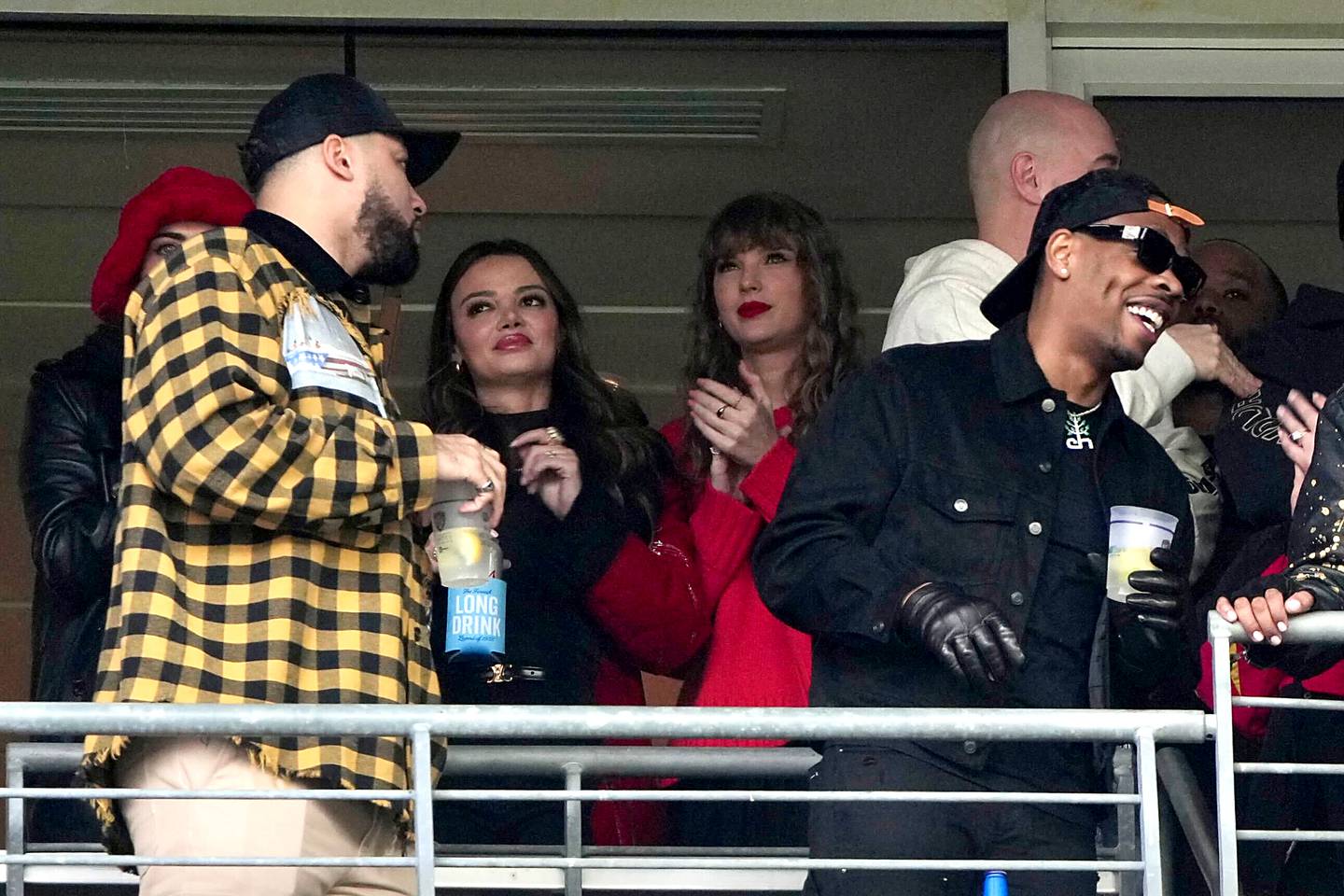 Taylor Swift cheers for the Kansas City Chiefs from a suite at M&T Bank Stadium during the AFC Championship game on Jan. 28, 2024.