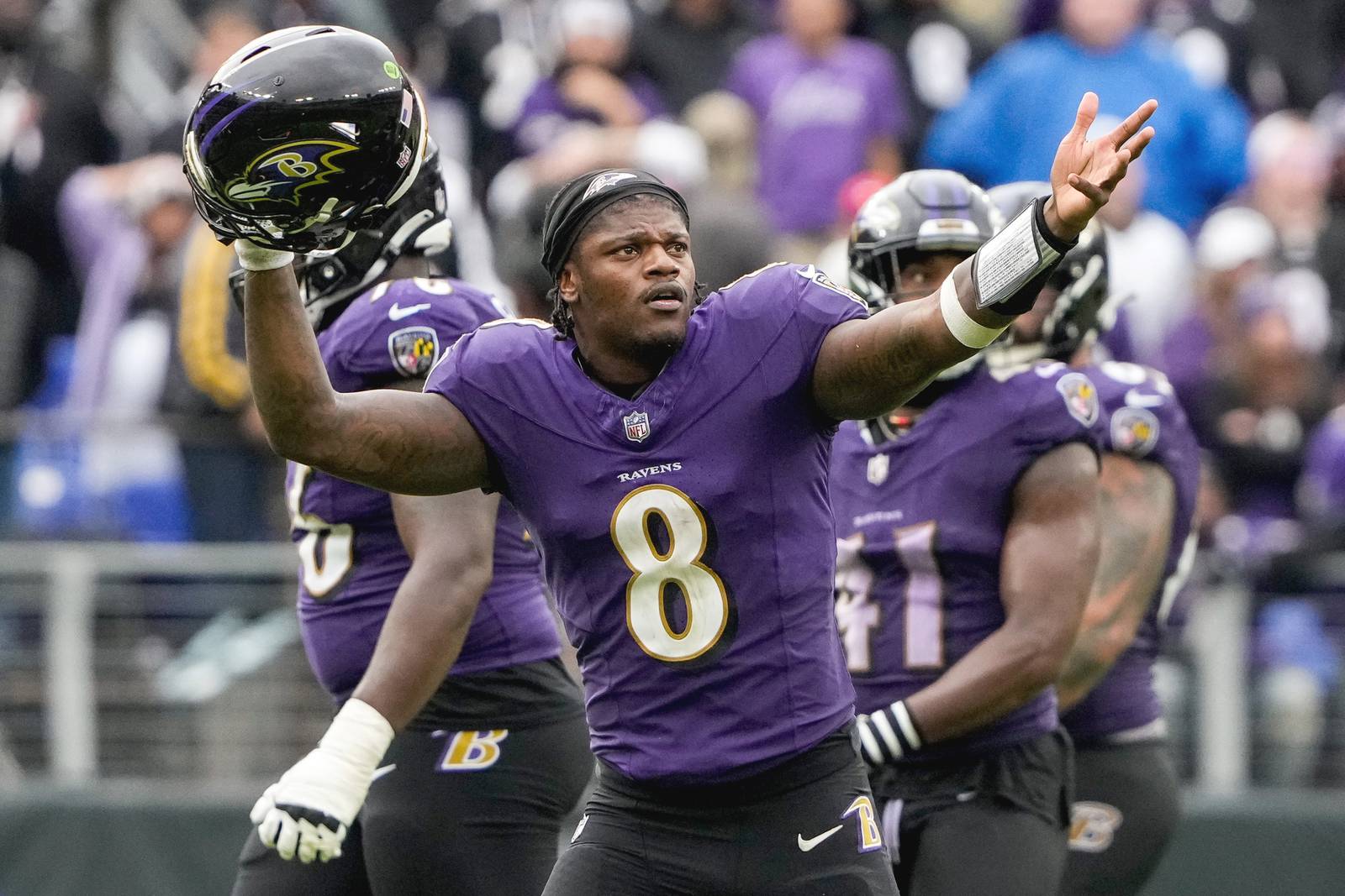 Baltimore Ravens quarterback Lamar Jackson (8) reacts after an incomplete toss during overtime against the Indianapolis Colts at M&T Bank Stadium on Sunday, Sept. 24, 2023.