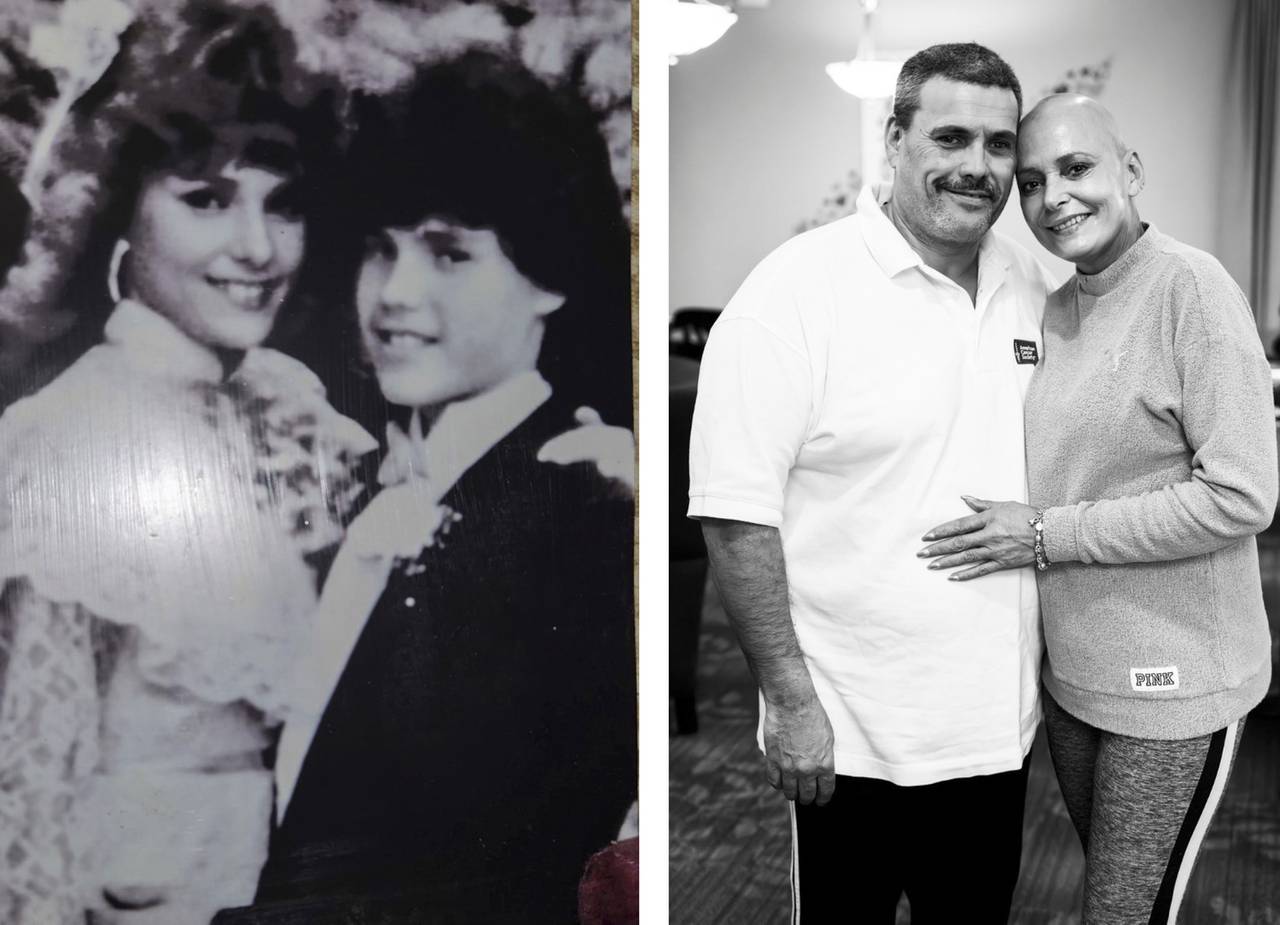 Left, Tina and David at prom in the 1980's, photo courtesy of David Medford. Right, Tina and David photographed again at Hope Lodge in a classic "prom pose".