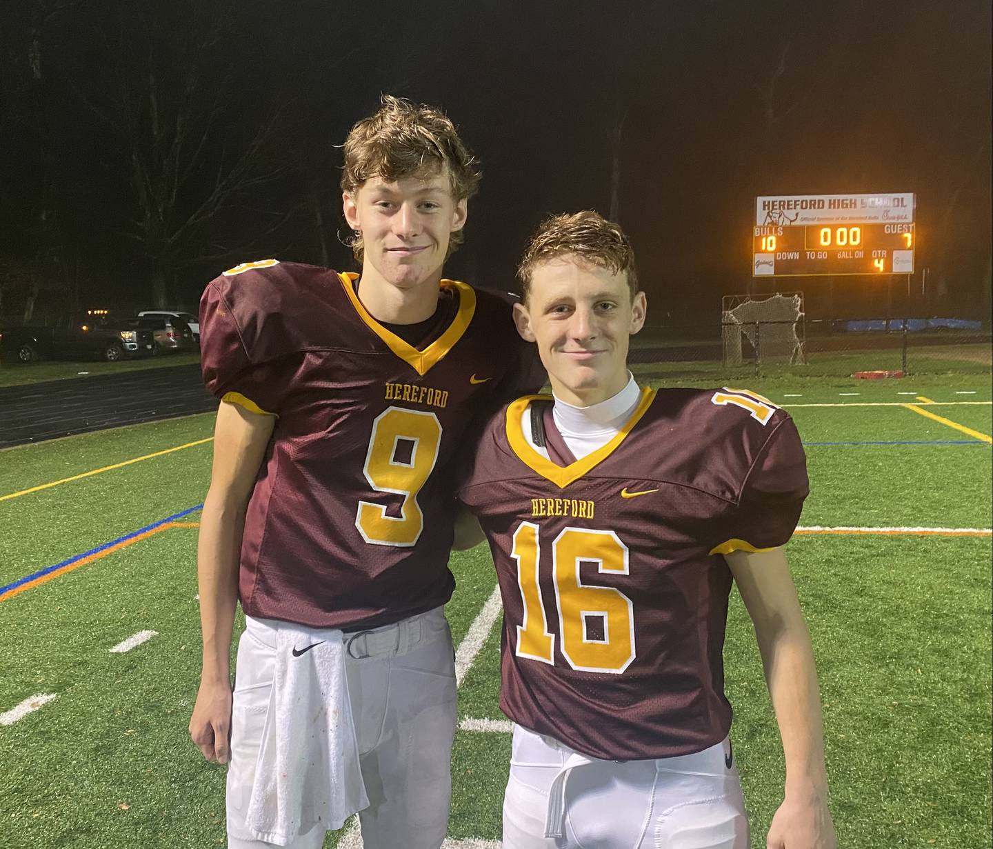 Grayson Ayers direct an efficient Hereford offense and Grady Moran kicked a 29-yard field goal and caught a touchdown off the halfback option play as the 15th-ranked Bulls defeated New Town, 10-7, in a Class 2A North Region second round contest in rainy Baltimore County Friday evening.