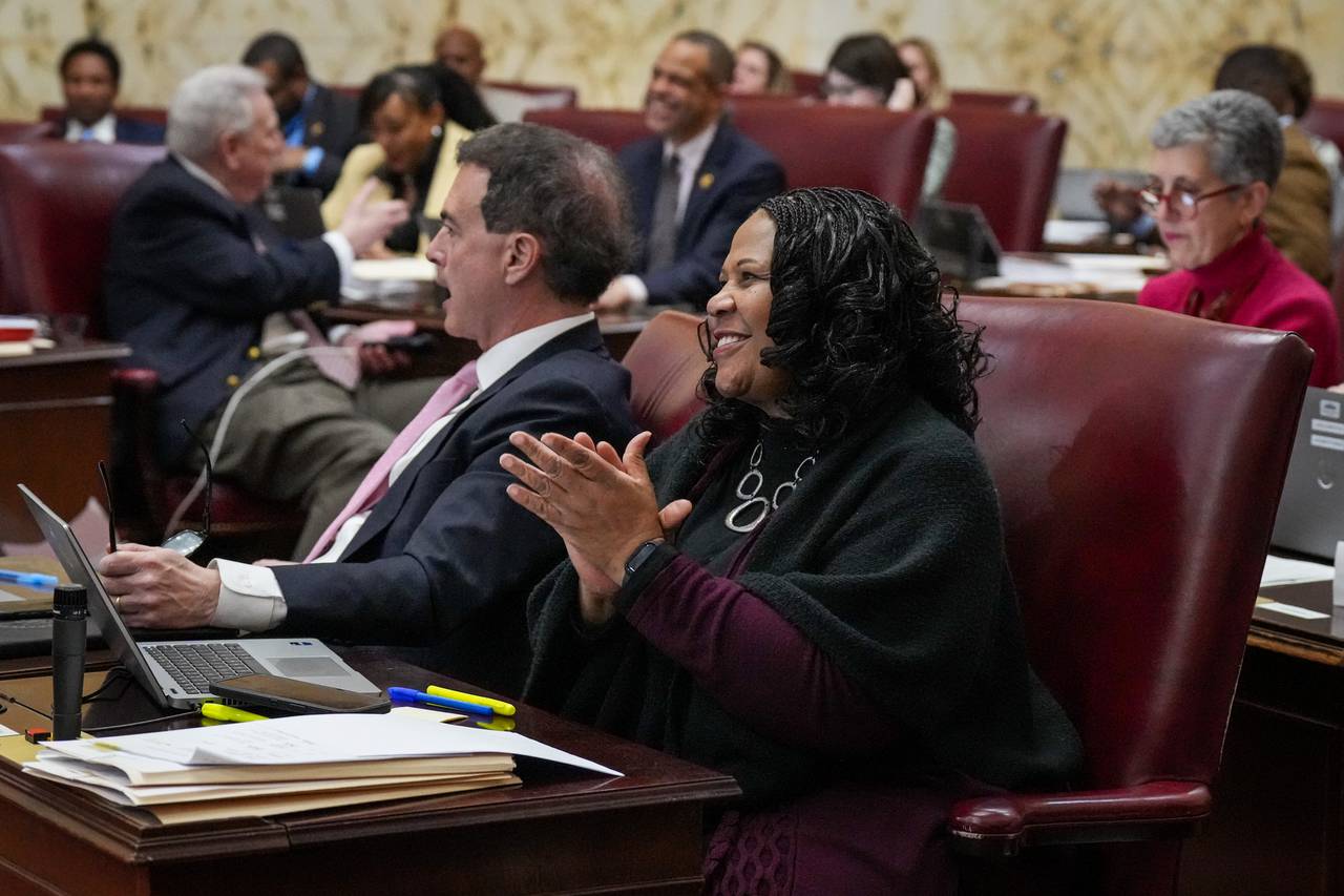 Sen. Melony Griffith claps as Senate President Bill Ferguson announces that the State Senate’s “desk is clear” for the day at the Maryland State House on Monday, March 20, also known as Crossover Day in Annapolis. General Assembly session rules require bills to pass one chamber — either the House of Delegates or the state Senate — by the end of the day on Monday, to ensure the other chamber will consider it.