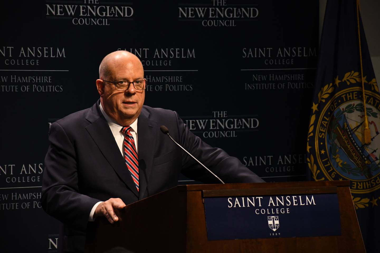 Maryland Gov. Larry Hogan speaks at Politics & Eggs, a political speakers series at St. Anselm College in Manchester, N.H., on Thursday, Oct. 6, 2022. Hogan, a Republican finishing his second term as governor, is weighing a run for president in 2024.
