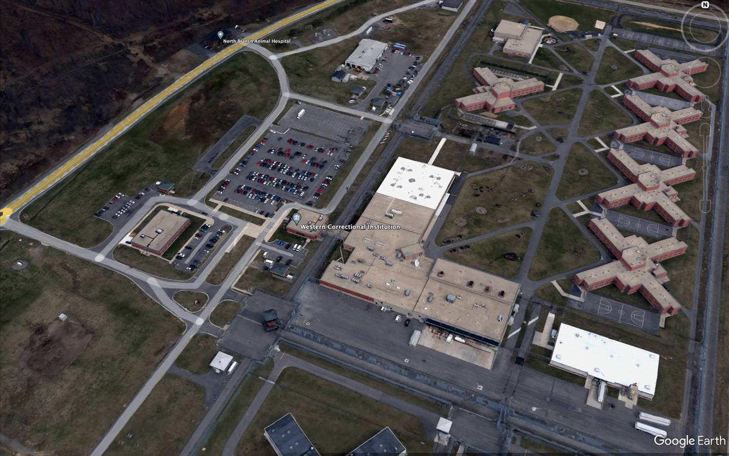 Satellite imagery of the Western Correction Institution in Cumberland. Lester DeShazor alleged that correctional officers at the prison targeted him for retaliation.
