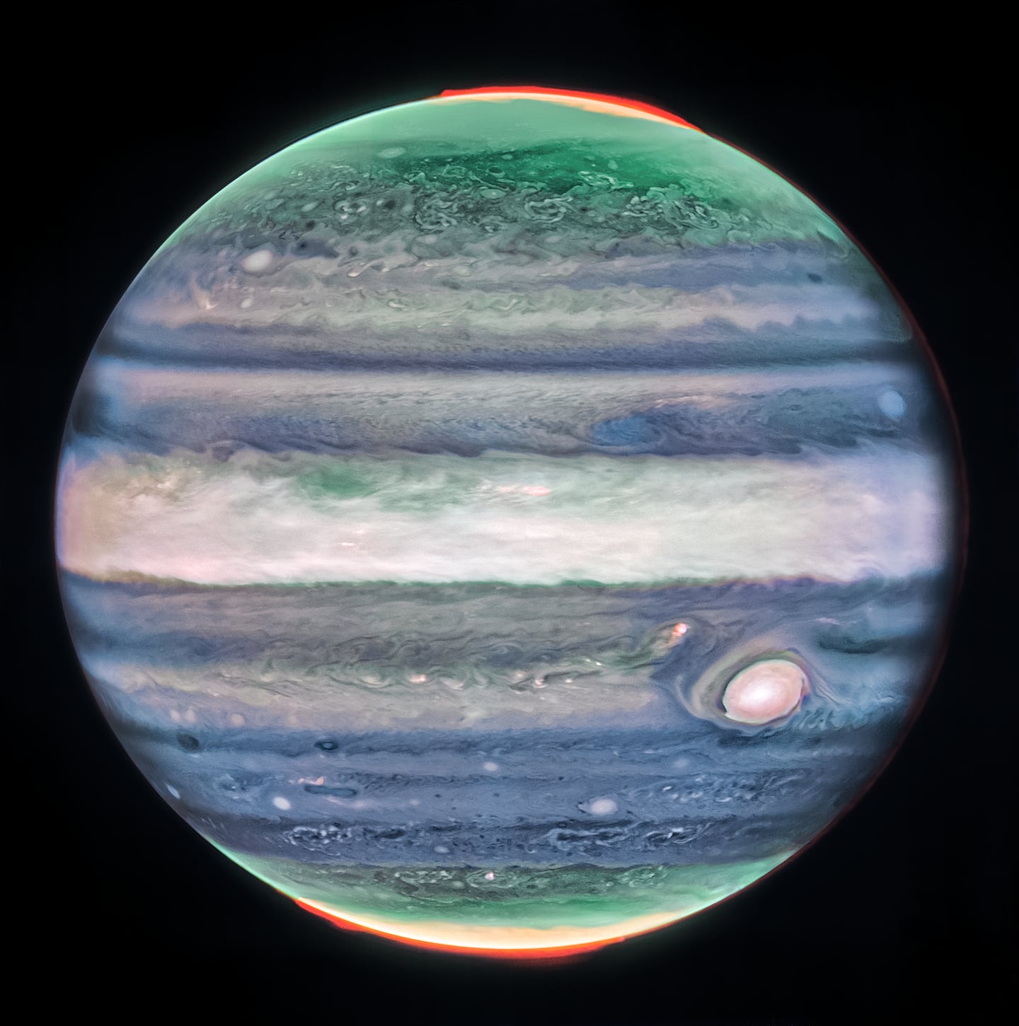 This image of Jupiter from NASA’s James Webb Space Telescope’s NIRCam (Near-Infrared Camera) shows stunning details of the majestic planet in infrared light. In this image, brightness indicates high altitude.