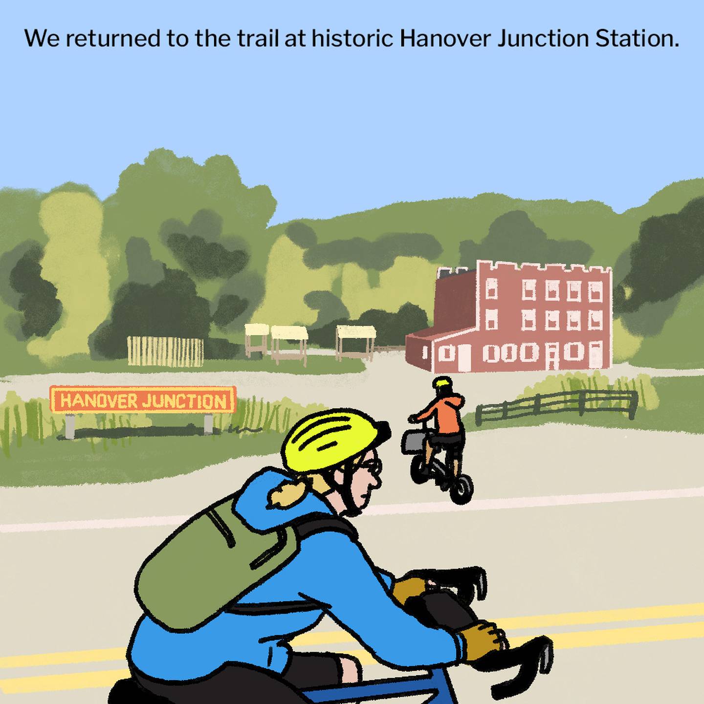 Illustration of two bicyclists on the road next to a historic red train station, with the trail in the background. A red sign next to the road in the middle ground says "Hanover Junction."