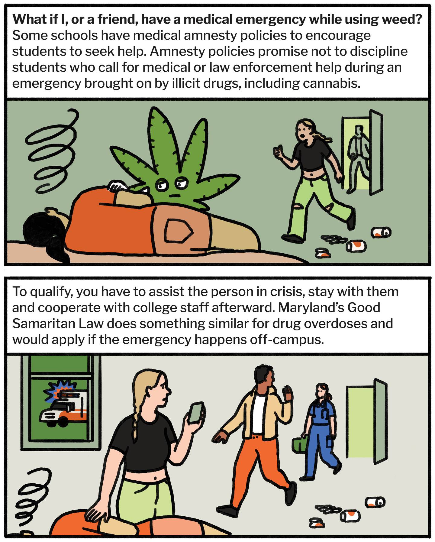What if I, or a friend, have a medical emergency while using weed? Some schools have medical amnesty policies to encourage students to seek help. Amnesty policies promise not to discipline students who call for medical or law enforcement help during an emergency brought on by illicit drugs, including cannabis. To qualify, you have to assist the person experiencing the emergency, stay with them and cooperate with college staff afterward. Maryland’s Good Samaritan Law does something similar for drug overdose situations and would apply if the emergency happens off-campus.