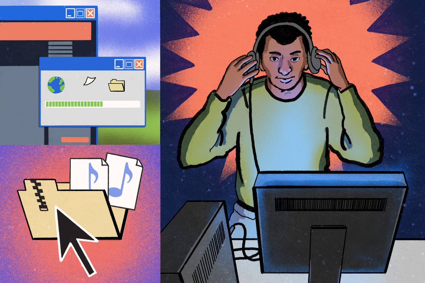 Illustration showing download window, cursor clicking on zip folder with music files, and young man putting on headphones plugged into mid-2000s era desktop computer.