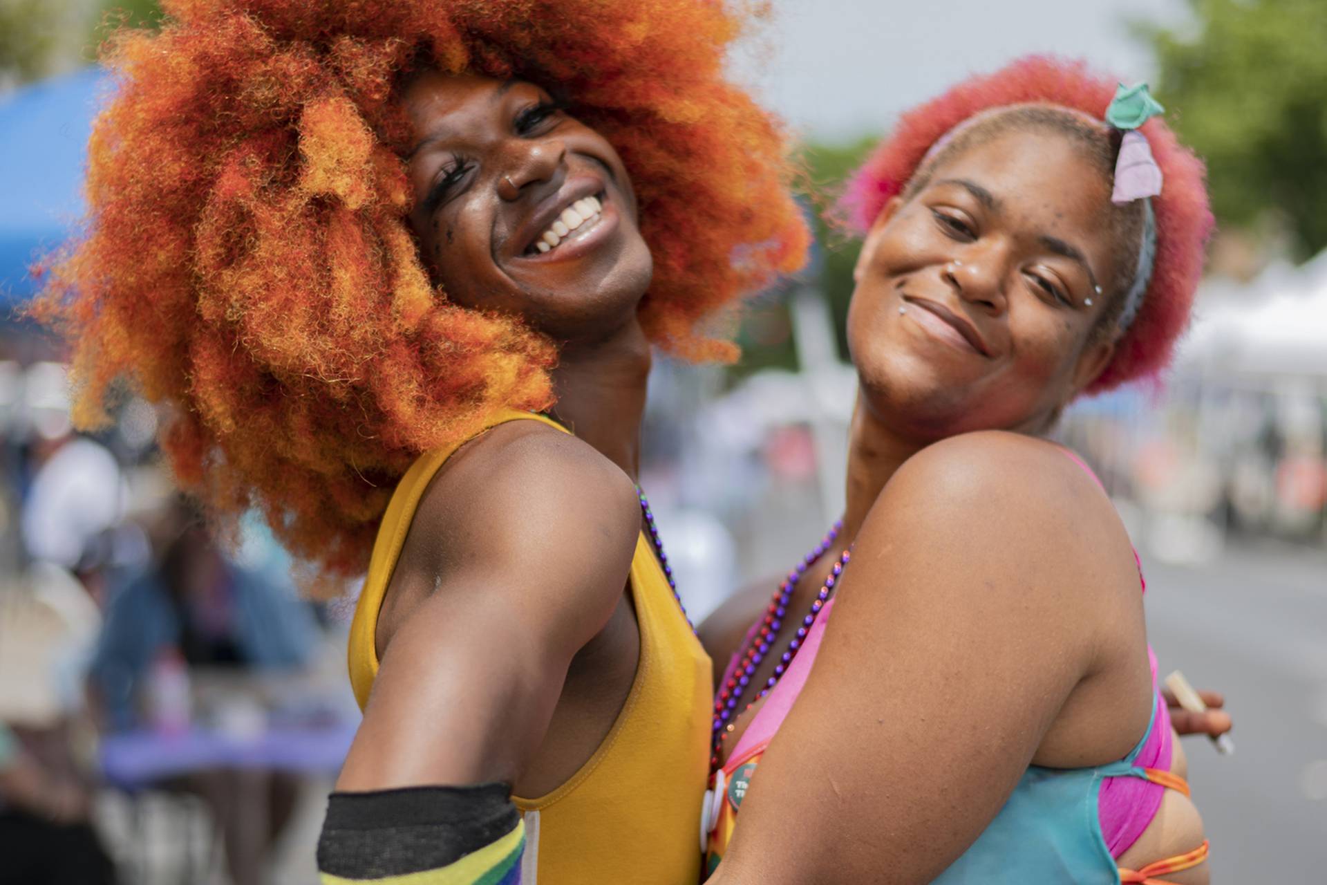 Izzy Turner and Brittany Dixon show off their outfits at Trans Pride in Baltimore on June 3, 2023.