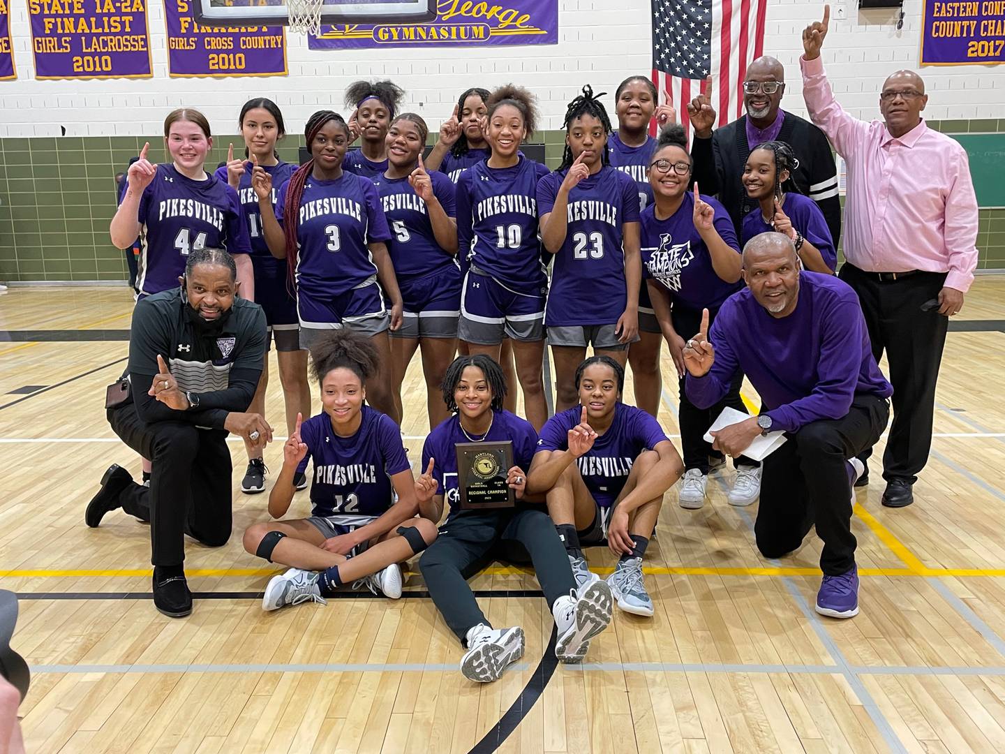 Pikesville's girls basketball team had to come from behind to beat host Loch Raven, 57-48, for the Class 1A South Region I championship Wednesday night. Mariah Jones-Bey (front row, right) scored 16 of her 24 points in the second half as the No. 10 Panthers stayed on course to go for their third straight Class 1A championship.