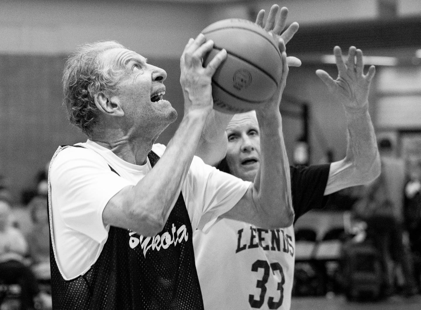 Bykota’s Ivan Leshinsky, of Maryland, pops up for a shot, at the David L. Lawrence Convention Center, in Pittsburgh, during the National Senior Games, Wednesday, July 12, 2023.